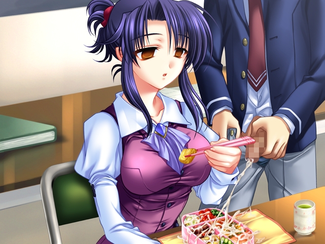 bento, blue hair, brown eyes, cum, cum on food, empty eyes, female, food, game cg, mind control