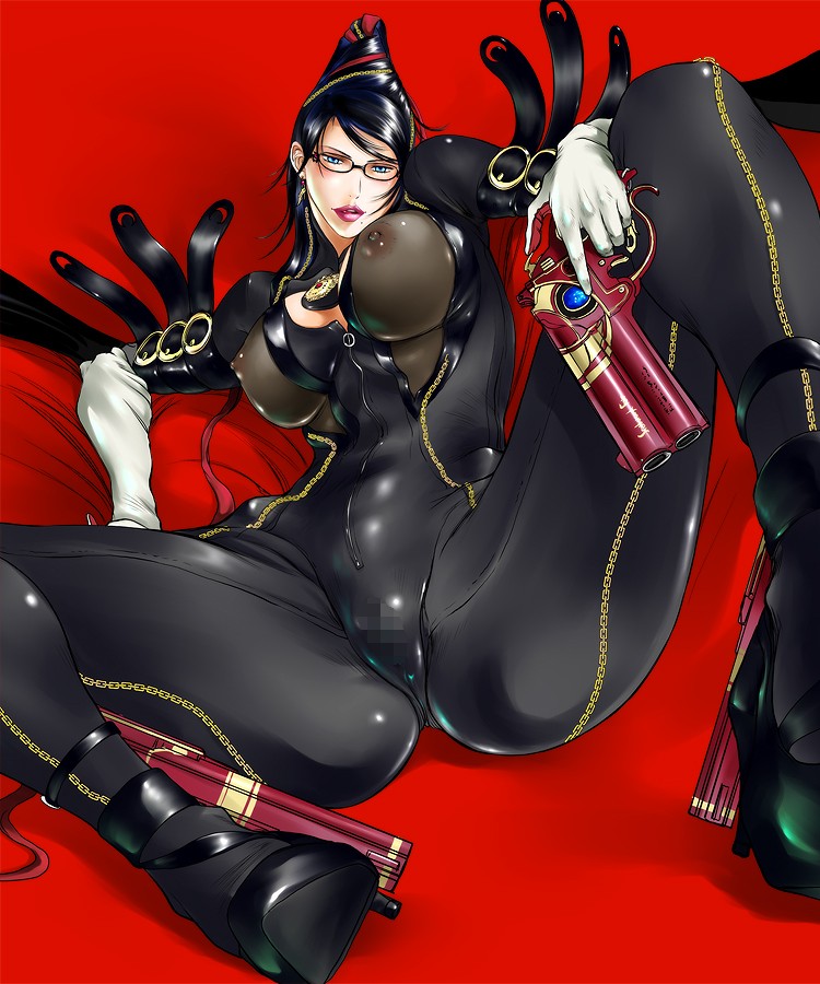 1girls bayonetta bayonetta_(character) breasts censored female glasses gun handgun large_breasts lips lipstick makeup mole pistol pointless_censoring see-through sega solo spread_legs tyno tyno_(pixiv) weapon