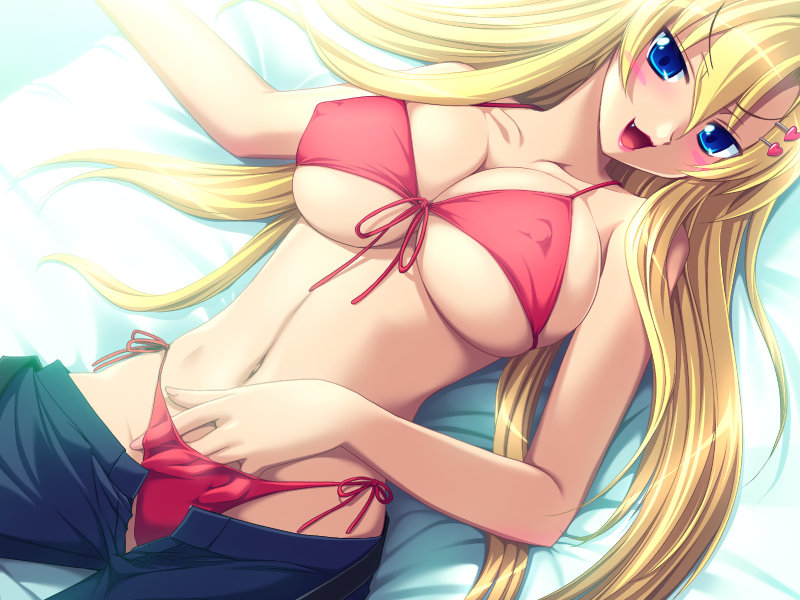 anetea bikini blonde_hair blue_eyes blush breasts cleavage cute_fang erect_nipples female fingernails hand_in_swimsuit heart lips lipstick long_hair makeup navel nora_freeman nora_freeman_misora open_mouth panties pants pointy_chin rapapuru red_bikini solo swimsuit tajima_yoshikazu underwear