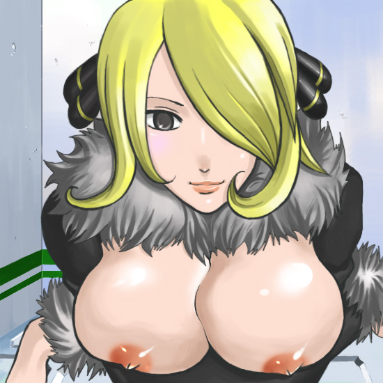 blonde_hair breasts bule cynthia_(pokemon) female female_only human human_only looking_at_viewer nipples pokemon pokemon_dppt solo tagme topless