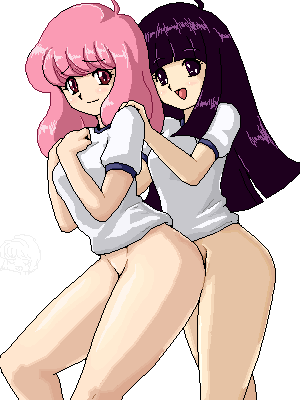 black_hair blush bottomless breasts curvy duo female gym_uniform human isu jigoku_sensei_nube long_hair looking_at_viewer lowres multiple_girls no_panties noriko_nakajima oekaki pale-skinned_female pale_skin pink_hair purple_hair pussy shirt shizuka_kikuchi shounen_jump wide_hips yuri