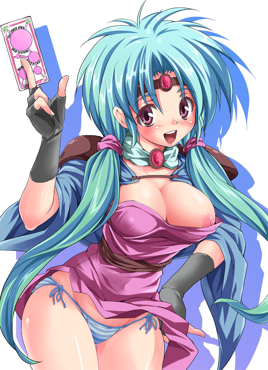 blue_hair blush breasts card circlet endou_masatoshi erect_nipples female fingerless_gloves gloves hand_on_hip haou_taikei_ryuu_knight hips holding holding_card long_hair nipple_slip nipples open_mouth paffy_pafuricia panties purple_eyes shoulder_pads side-tie_panties solo striped striped_panties tied_hair twintails underwear very_long_hair