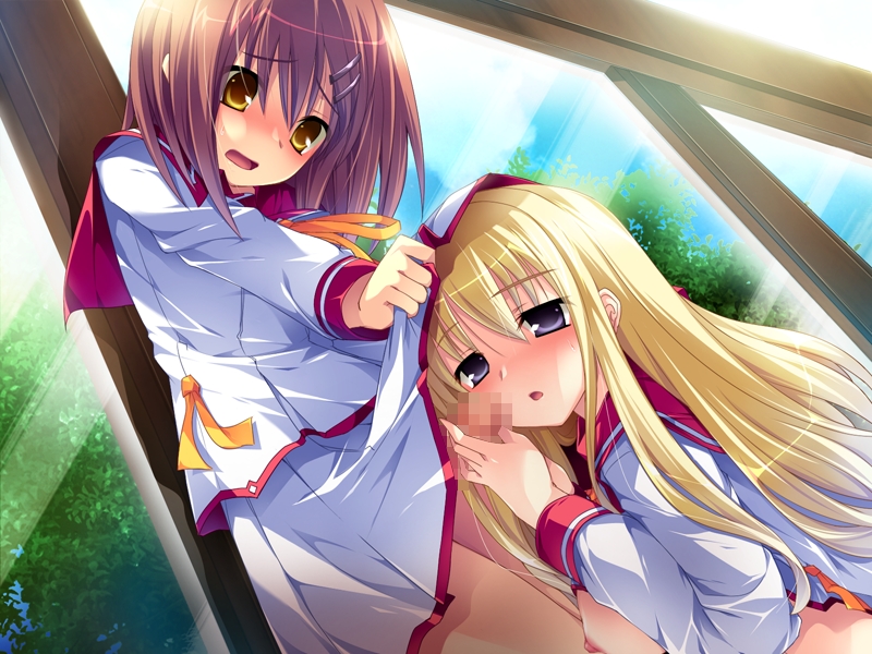 1boy 1girls areolae blonde_hair blush bottomless_skirt breasts brown_hair censored curvy embarrassed erect_nipples erection erection_under_clothes erection_under_skirt female game_cg hana_to_otome_ni_shukufuku_wo handjob kashima_shizuru large_breasts long_hair mutou_kurihito nipples no_bra no_panties penis penis_out penis_under_clothes penis_under_skirt short_hair skirt skirt_lift source_request straight tsukioka_akira