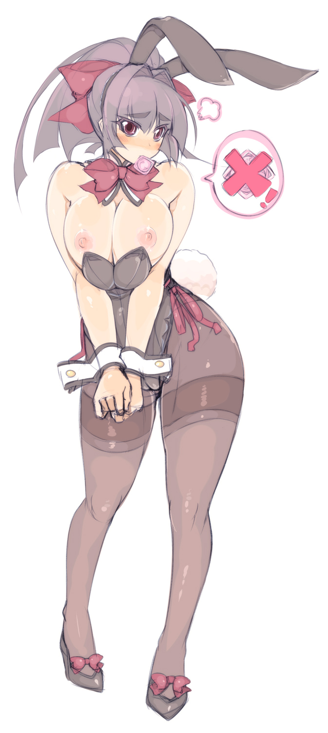 akatsuki_alut animal_ear areolae bare_shoulders blush breast_squeeze breasts bunny_ear bunny_girl bunny_tail bunnysuit cameltoe condom condom_in_mouth cuff_links curvy erect_nipples high_heels highres hips huge_breasts inverted_nipples long_hair mel/a mouth_hold nipples original pantyhose ponytail puffy_nipples red_eyes shoes tail tied_hair wide_hips wrist_cuffs