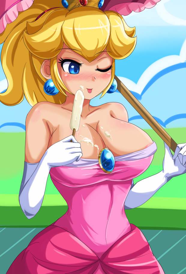 1girls areola areola_slip areolae bare_shoulders big_breasts blonde_hair blue_eyes blush breasts busty cleavage crown dress earrings elbow_gloves gloves huge_breasts ice_cream jewelry large_breasts mario_(series) nintendo nipple_slip ponytail popsicle princess_peach sexually_suggestive sigurdhosenfeld straight_hair super_mario_sunshine tan tied_hair tongue umbrella wink