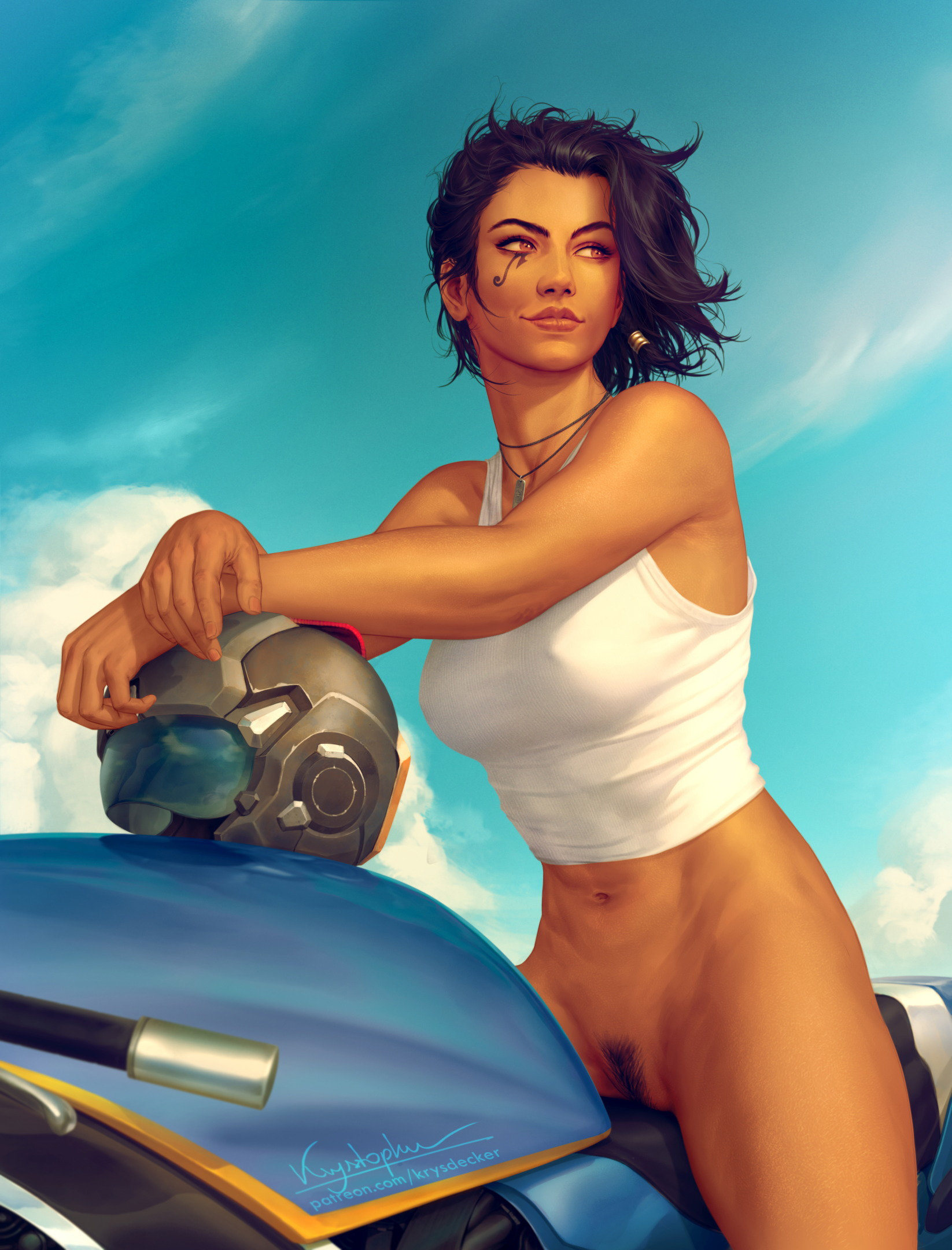 1girls, black hair, blizzard entertainment, bottomless, casual, casual exposure, casual nudity, dark skin, female, headwear, helmet, human, krysdecker, motorcycle, neckwear, overwatch, pharah, pubic hair, pussy, source request, tank top, tattoo