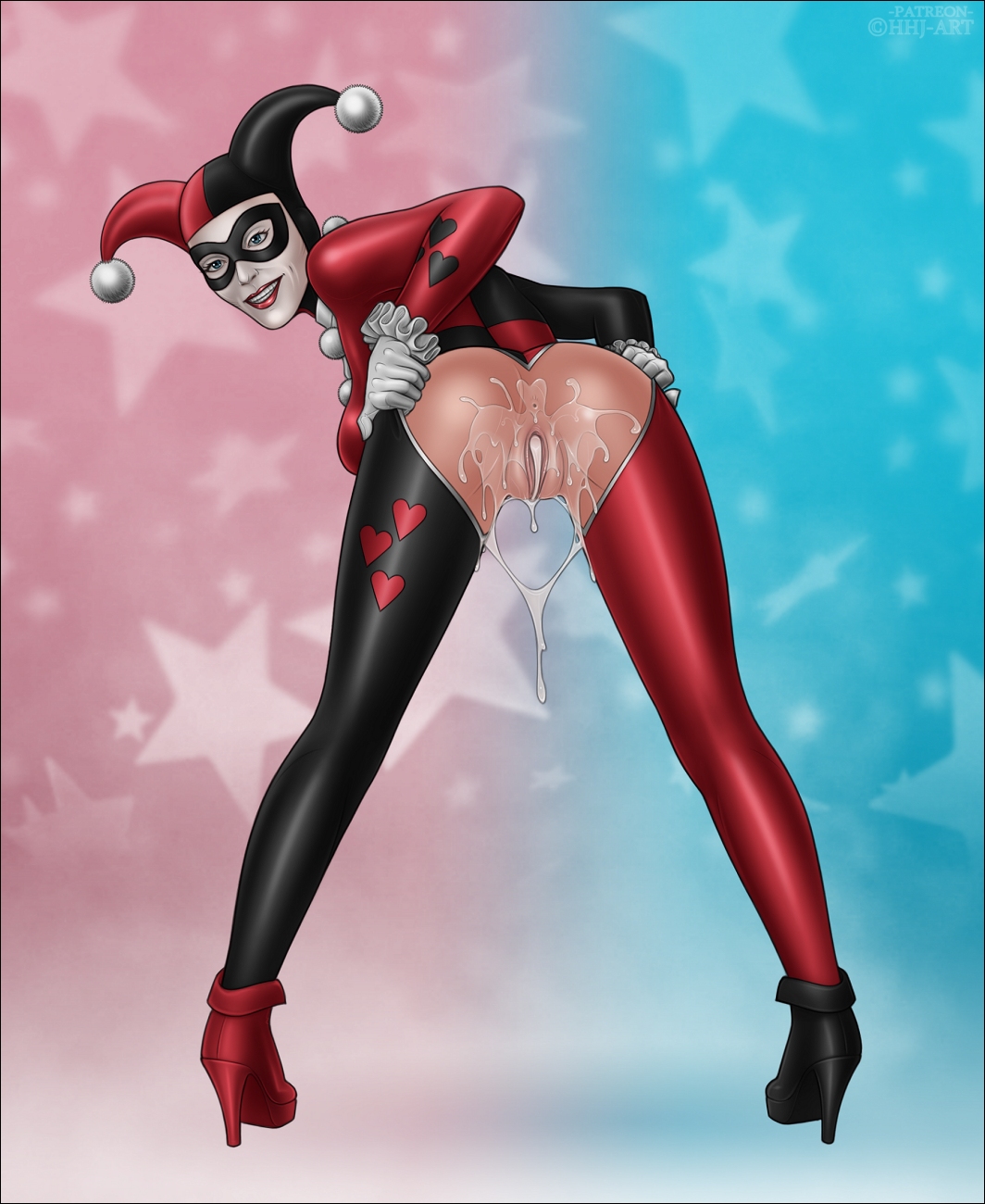adapted costume, after sex, after vaginal, ankle boots, anus, ass, bare ass, batman (series), bending over, bent over, big breasts, blue eyes, bodysuit, boots, breasts, busty, conscious, crotchless, cum, cum in pussy, cum splatter, cumdrip, dc, dc comics, female, female focus, female only, full body, gaping, gaping pussy, harley quinn, harley quinn (classic), high-heeled jill, hourglass figure, jester, jester cap, labia, lipstick, makeup, pose, posing, pussy, rear view, sideboob, skin tight, solo, vagina, wide hips