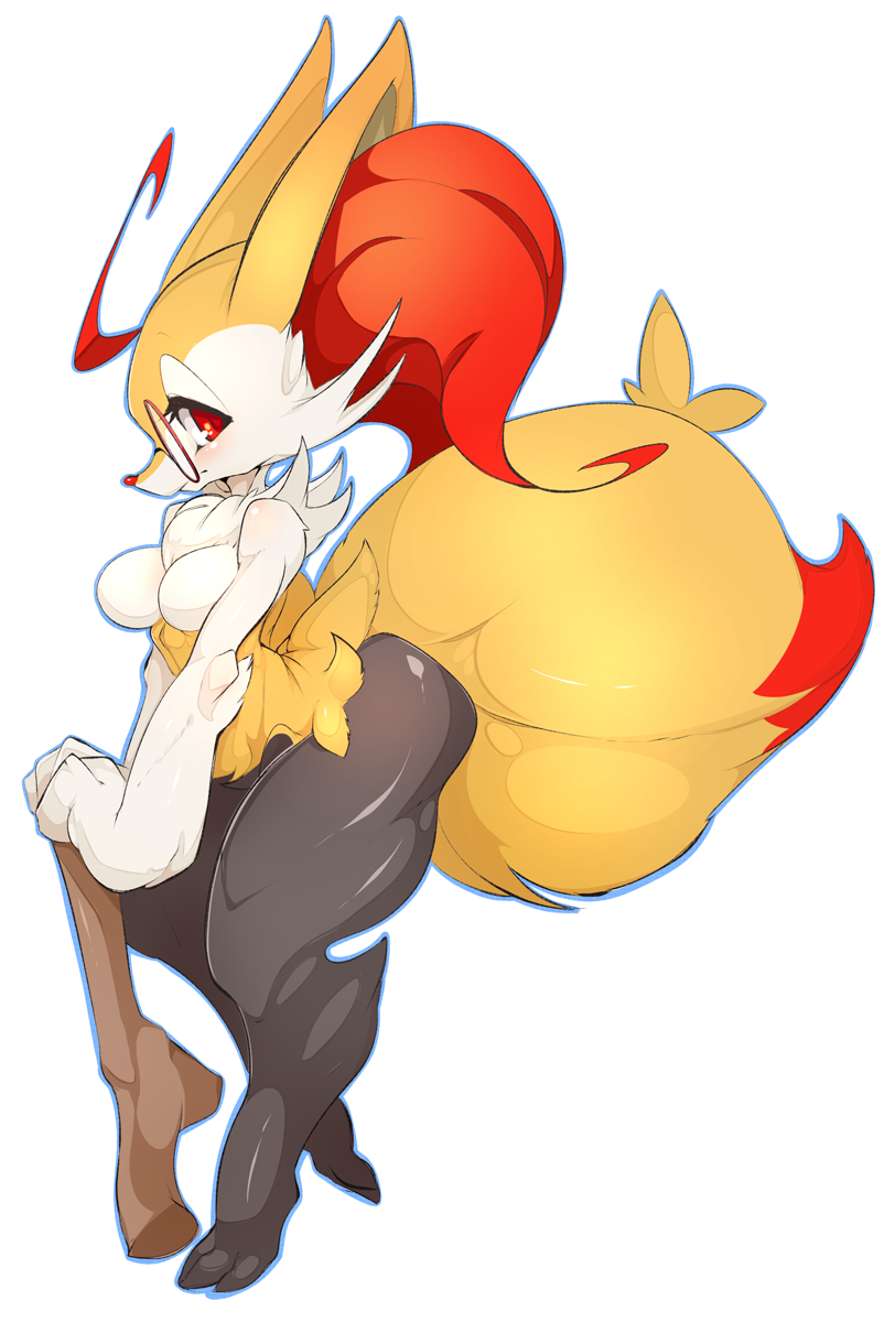 1girls, 3 toes, anthro, anthrofied, ass, big ass, big ears, big tail, black fur, bottom heavy, braixen, breasts, claws, eye contact, feet, female, female only, fox, furry, glasses, half-closed eyes, holding, looking at viewer, nintendo, no nipples, nude, orange fur, paws, pokémon (species), pokemon, pokemon (species), pokemon xy, pose, slugbox, solo, source request, standing, stick, tail, thick thighs, white fur, wide hips, yellow fur