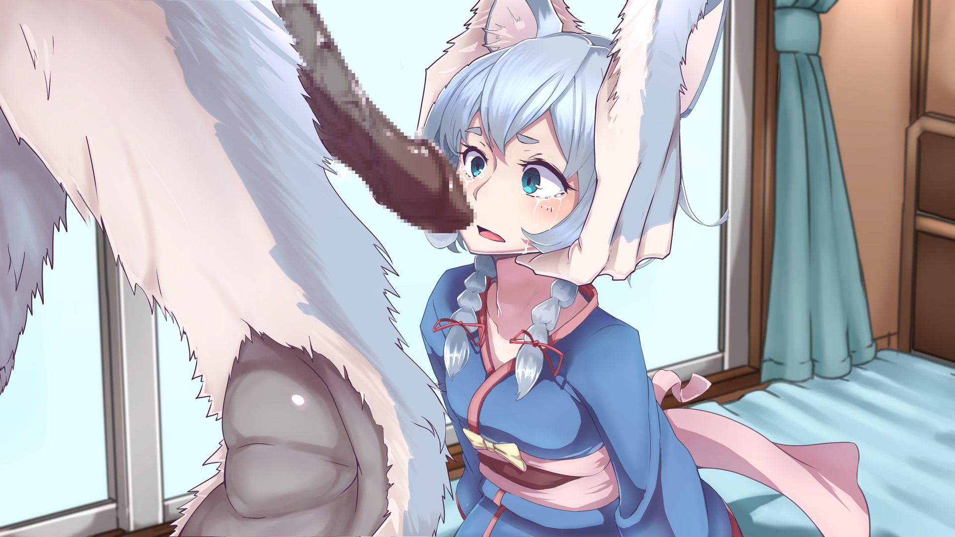 1boy, 1girls, animal ear fluff, animal ears, big penis, blue eyes, blue fur, blue hair, crying, female, grabbing, hanazawa suou, kimono, male, penis, size difference, tears, werewolf, white fur