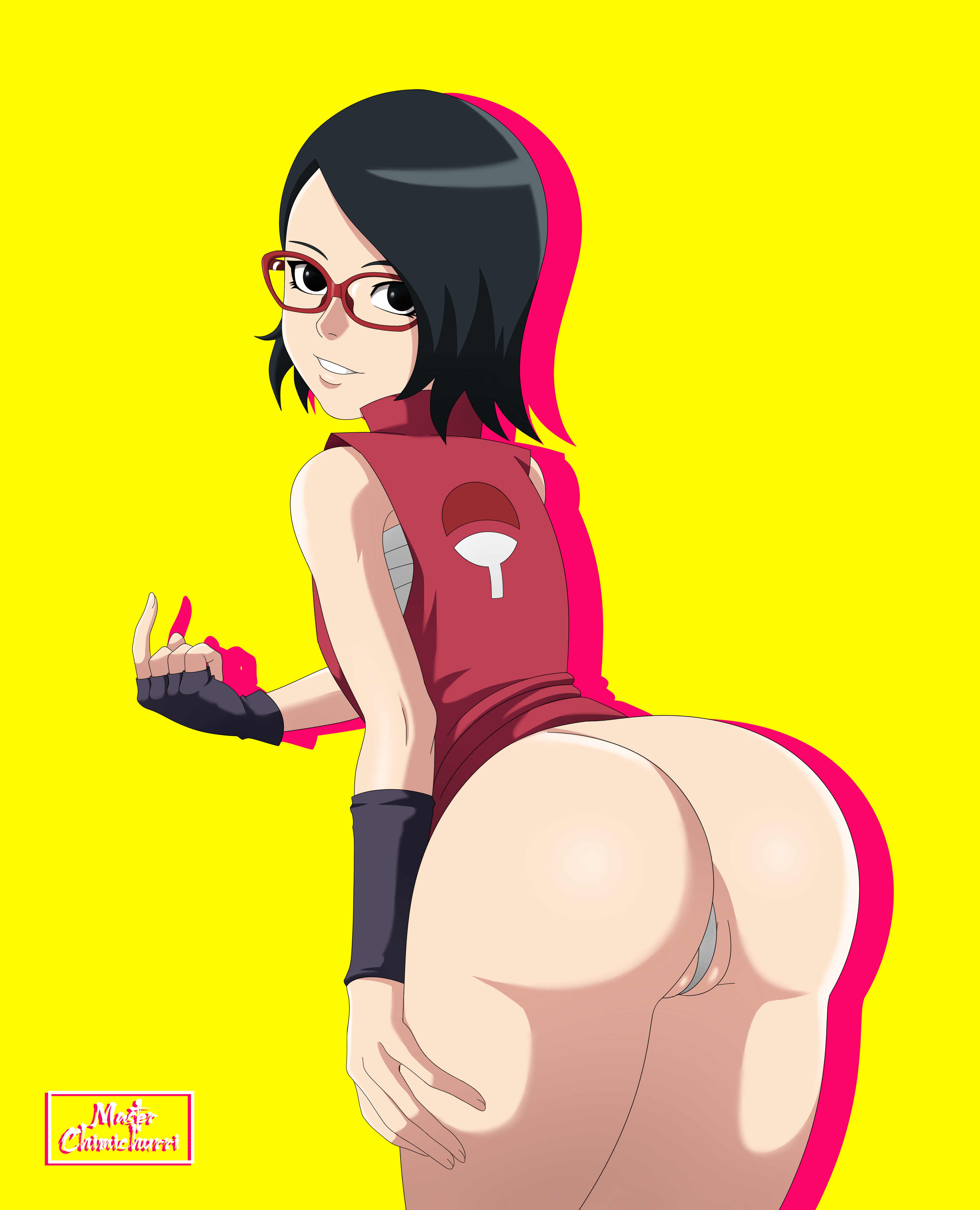 1girls, ass, beckoning, big ass, black eyes, black hair, boruto: naruto next generations, bottomless, clothing, come hither, female, female only, glasses, looking at viewer, looking back, master chimichurri, naruto, naruto (series), panties, sarada uchiha, short hair, teasing, thick thighs, yellow background