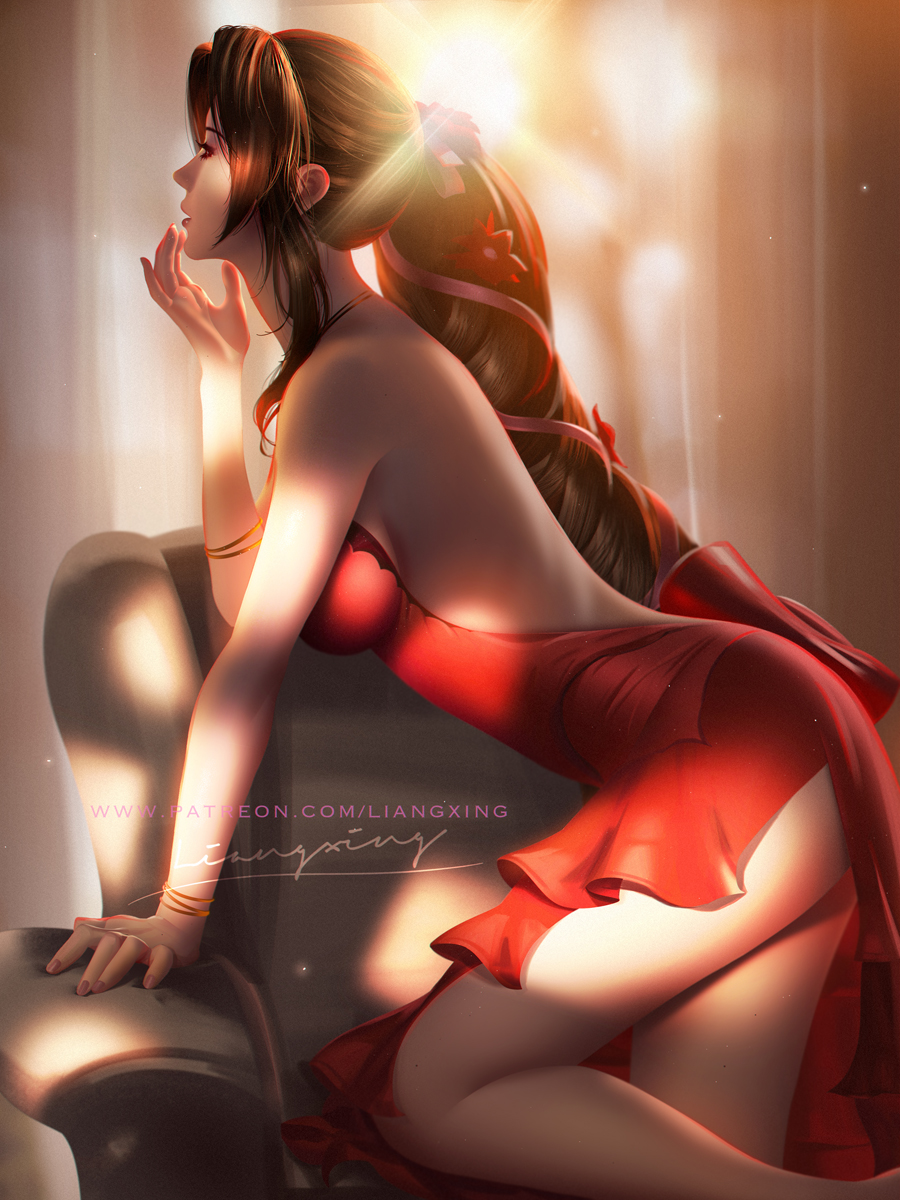 1girls, aerith gainsborough, ass, breasts, brown hair, cleavage, dress, female, female only, final fantasy, final fantasy vii, final fantasy vii remake, green eyes, liang xing, long hair, red dress, solo, square enix