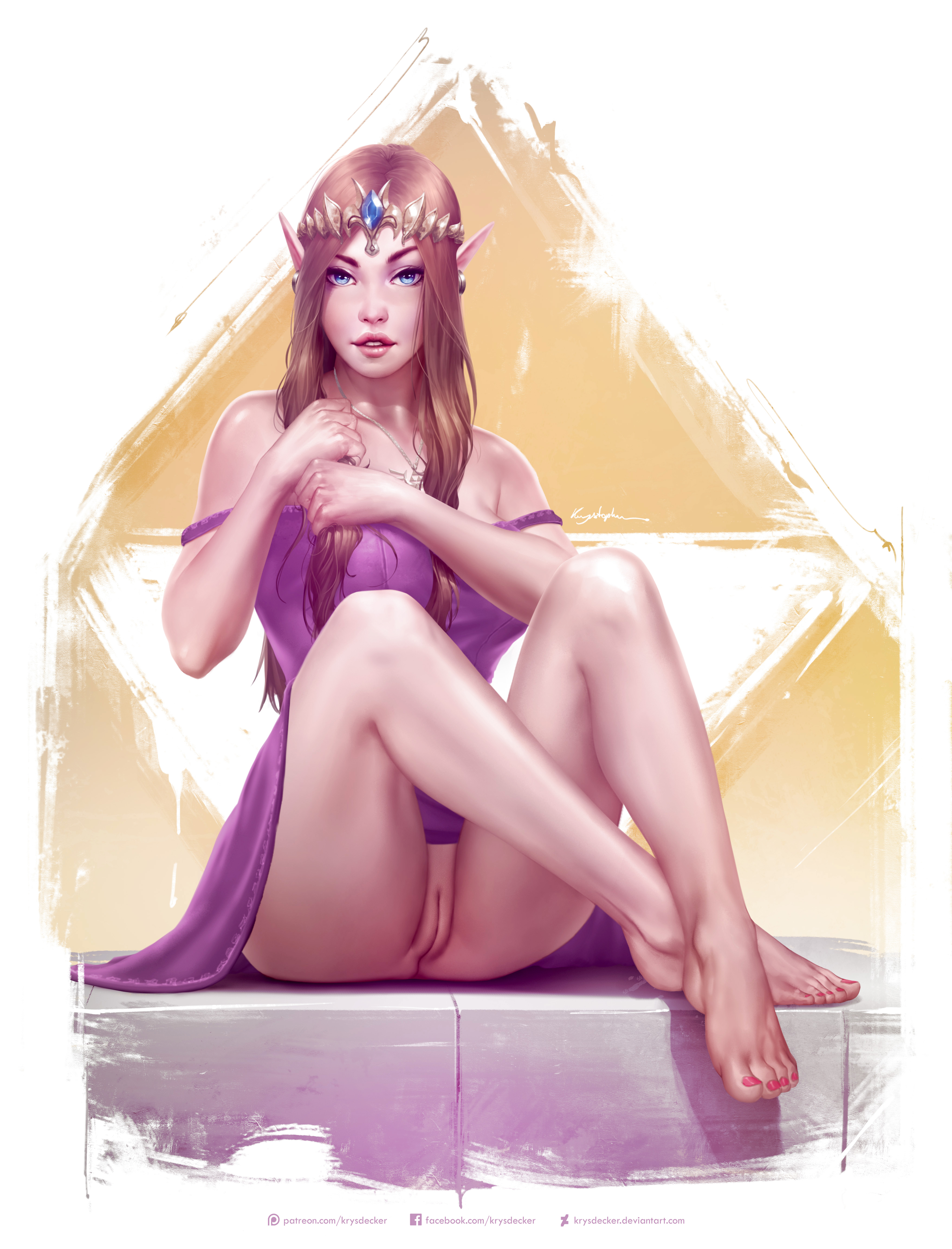 barefoot, blue eyes, bottomless, dress, female, krysdecker, looking at viewer, nintendo, princess zelda, pussy, shaved pussy, the legend of zelda, twilight princess, vagina, zelda (twilight princess)