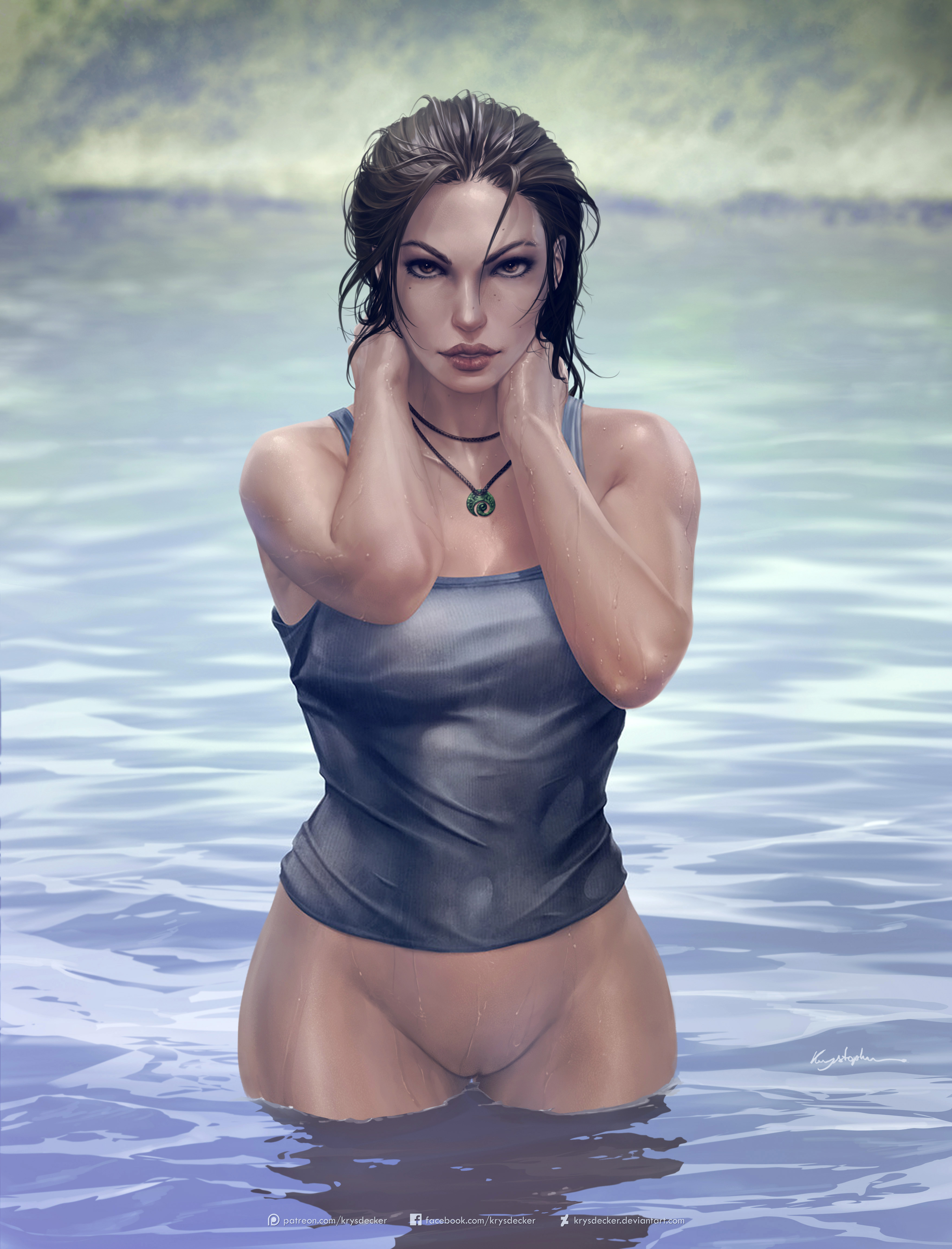 bottomless, brown eyes, brown hair, casual, casual nudity, female, human, krysdecker, lara croft, lara croft (survivor), neckwear, pale skin, pussy, shaved pussy, tank top, tomb raider, tomb raider (survivor), uncensored, wet