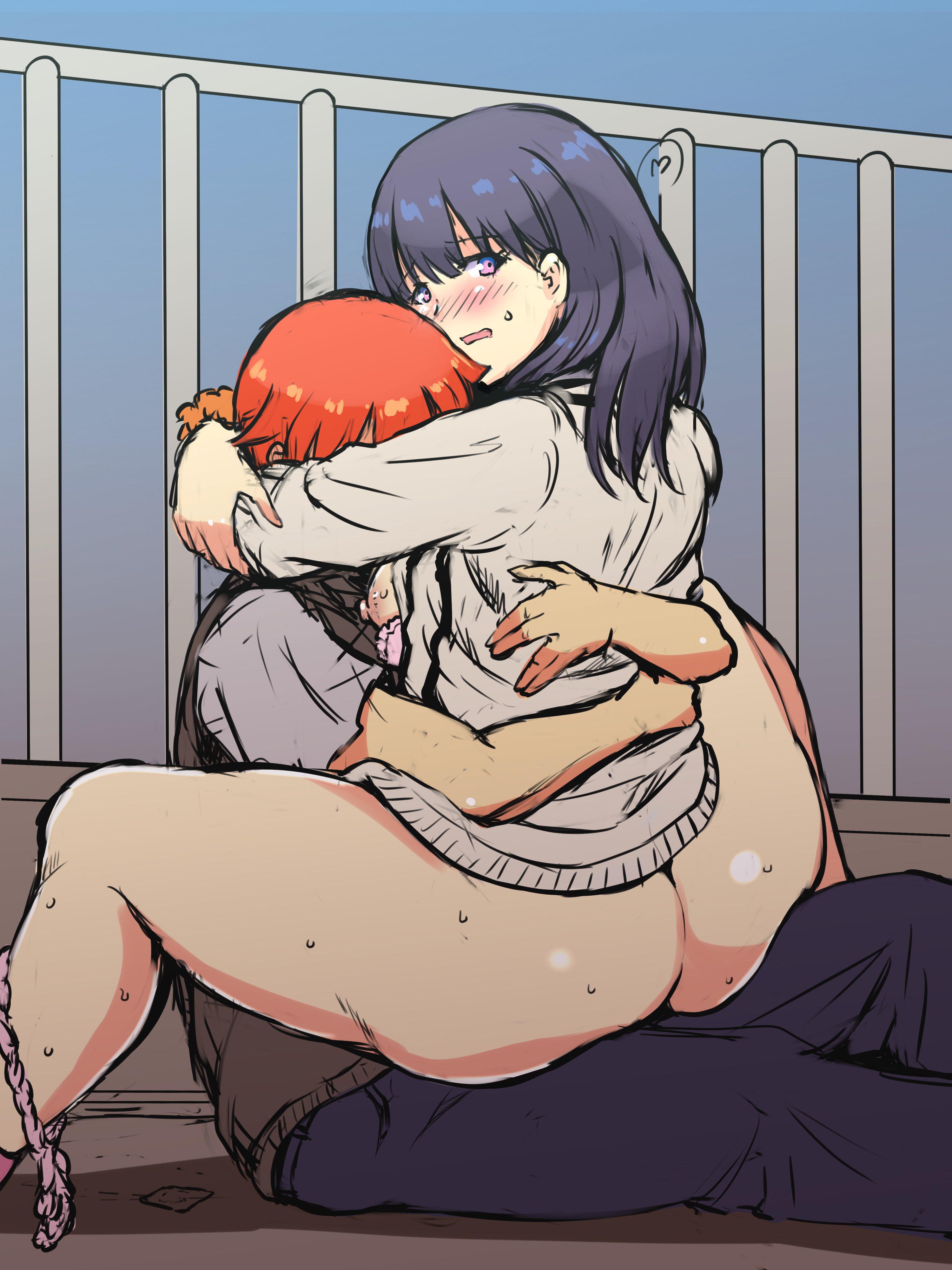 1boy, areolae, ass, black hair, blush, breasts, female, hibiki yuuta, huge ass, large breasts, makka na kedamono, male, nipples, on floor, outdoors, purple eyes, school uniform, schoolgirl, short hair, sideboob, ssss.gridman, straight, sweat, takarada rikka