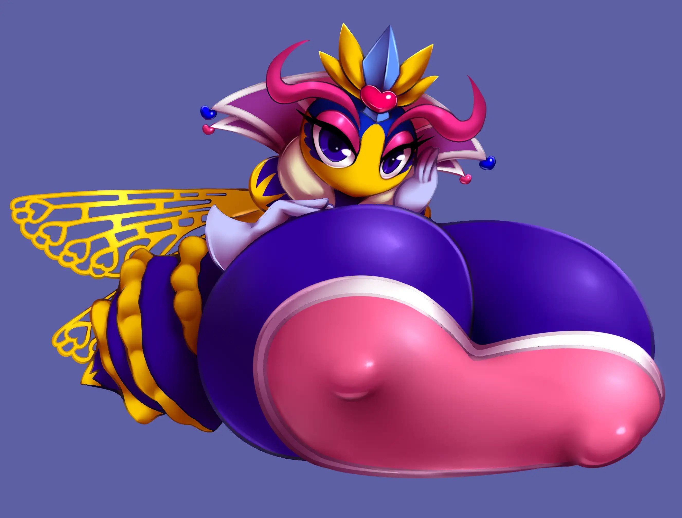 absurd res, bee, breast padding, breasts, female, hand on face, hyper, hyper breasts, kirby (series), kirby triple deluxe, looking at viewer, metachoke, nintendo, nipples visible through clothing, queen sectonia, simple background