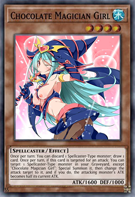 1girls blue_hair breast_outside breasts card chocolate chocolate_magician_girl female female_only shounen_jump solo solo_female spellcaster yu-gi-oh! yu-gi-oh!_card