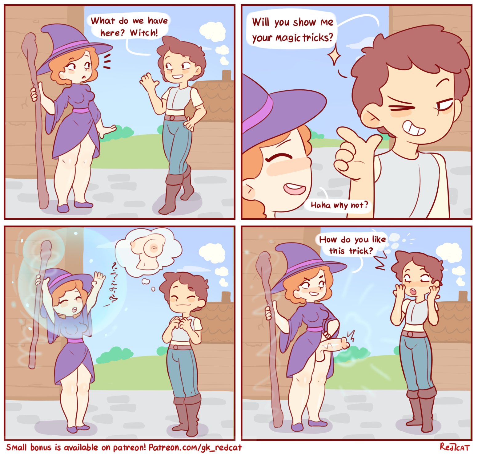 1boy, 1futa, breasts, dickgirl, english text, female, futanari, intersex, magic, male, outdoors, penis, public, red7cat, text, witch