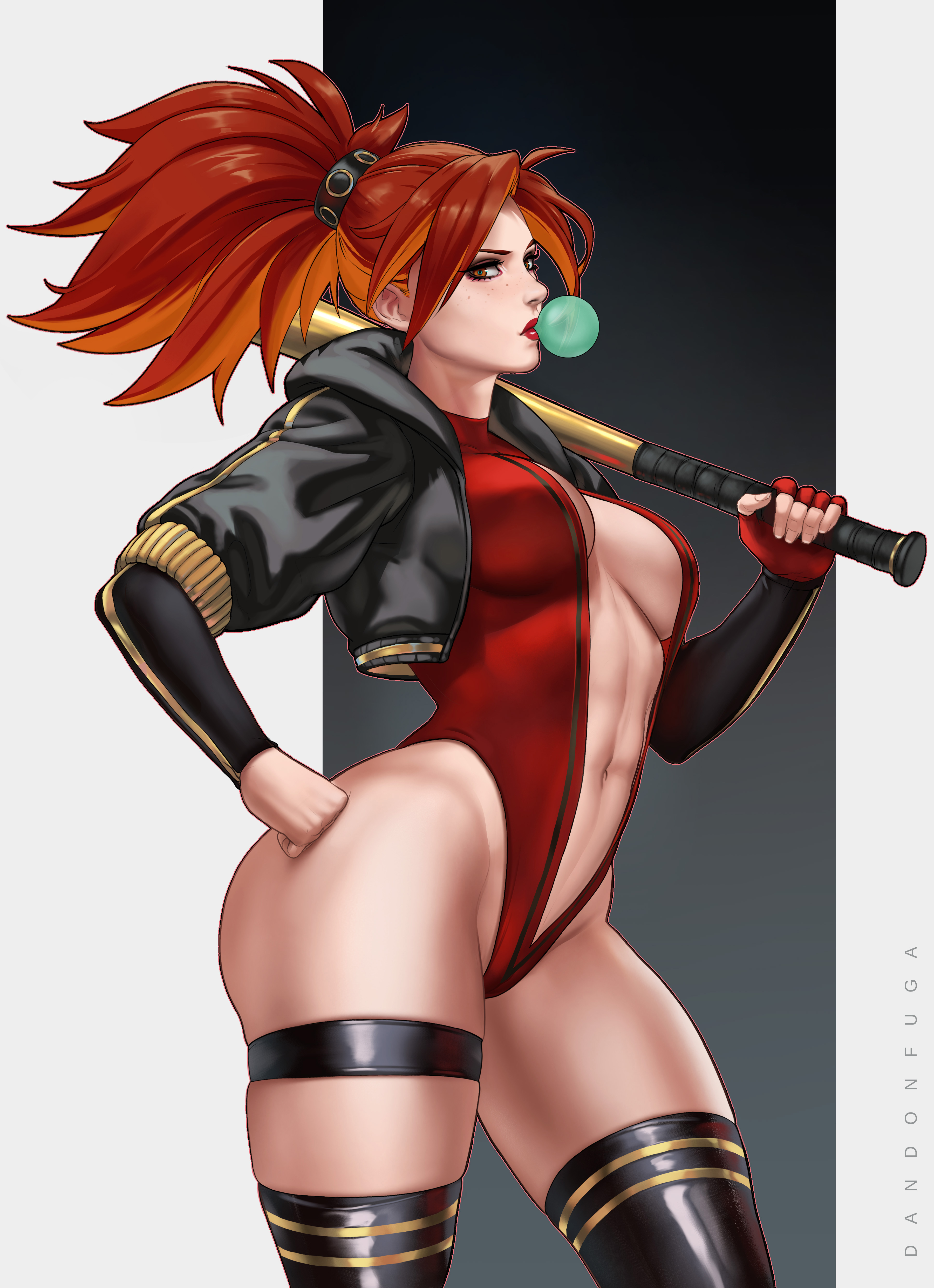 1girls, baseball bat, bubble gum, cleavage, dandon fuga, female, fingerless gloves, freckles, hand on hip, highleg, jacket, looking at viewer, miss minx (dandon fuga), navel, one glove, one-piece swimsuit, original, original character, ponytail, red hair, red lipstick, skindentation, solo, swimsuit, thigh strap, thighhighs, tied hair, two-tone hair