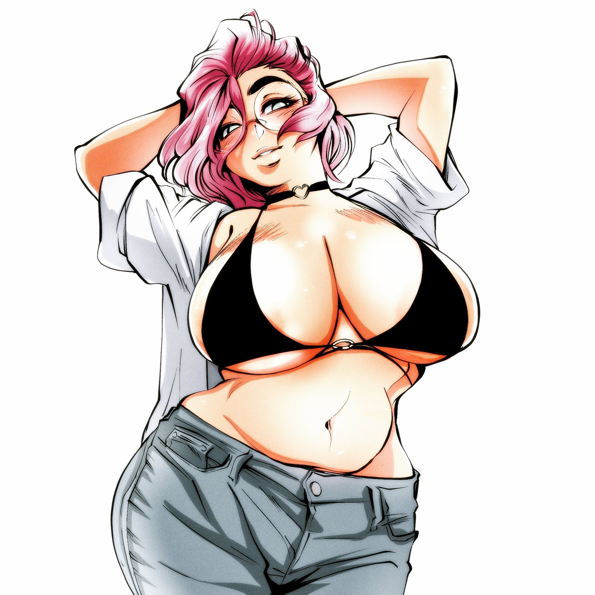 1girls, balak, big breasts, bikini, bikini top, black bikini, blue pants, breasts, bursting breasts, busty, choker, cleavage, clothing, curvy, eyelashes, female, female only, fully clothed, glasses, half-closed eyes, hands behind head, highres, huge breasts, jeans, large breasts, lips, looking at viewer, maxine (balak), medium hair, navel, o-ring, o-ring top, open shirt, original, pants, pink hair, presenting, presenting breasts, shiny hair, shirt, smile, smiling, solo, standing, swimsuit, teeth, voluptuous, white background, white shirt, wide hips