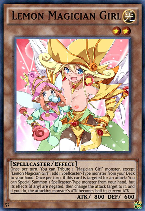 2girls breast_outside breasts card female female_only lemon lemon_magician_girl multiple_girls shounen_jump smaller_female spellcaster yellow_hair yu-gi-oh! yu-gi-oh!_card