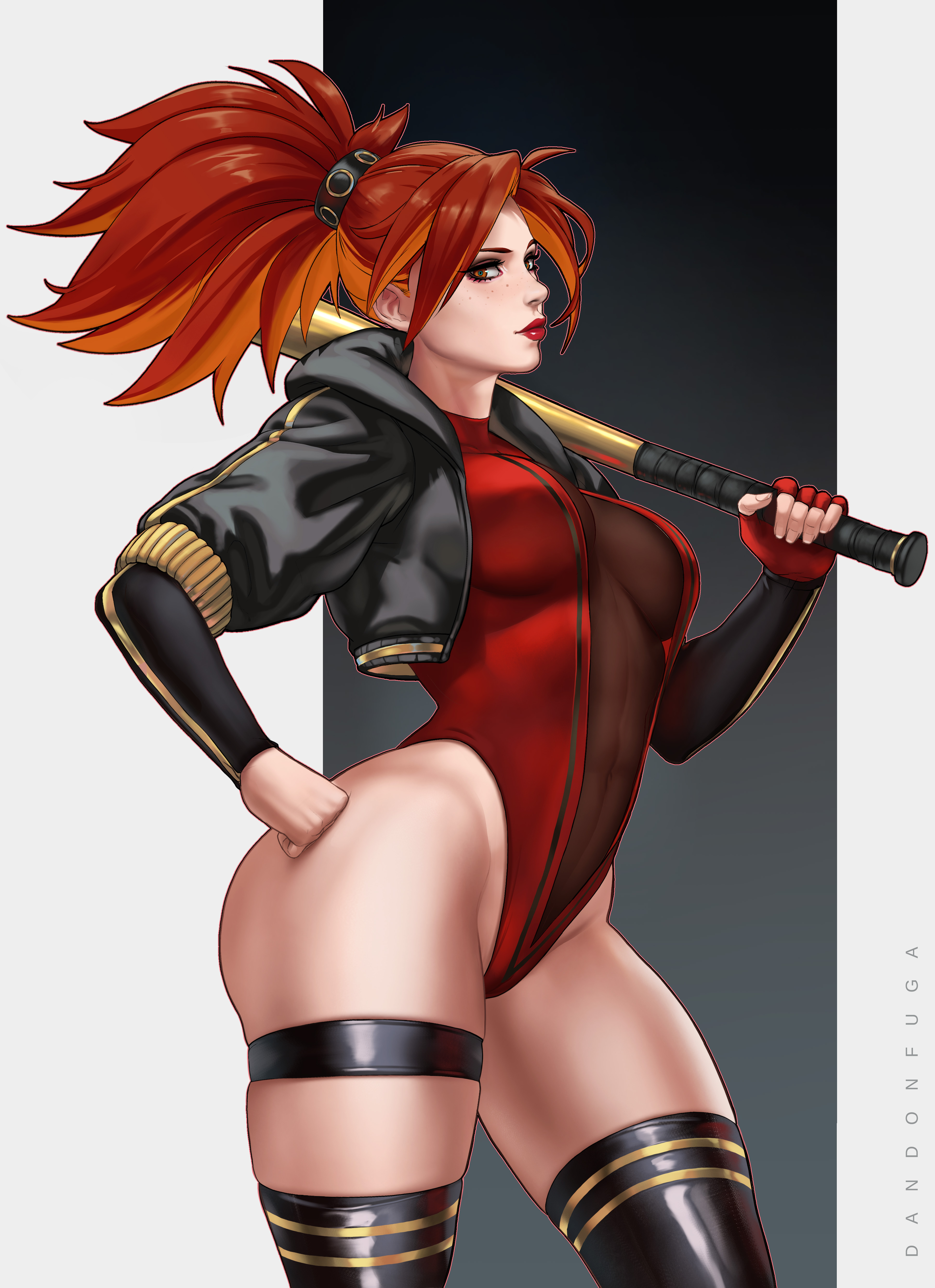 1girls, baseball bat, breasts, dandon fuga, female, hand on hip, jacket, miss minx (dandon fuga), one-piece swimsuit, original, original character, ponytail, red hair, red lipstick, solo, swimsuit, thighhighs