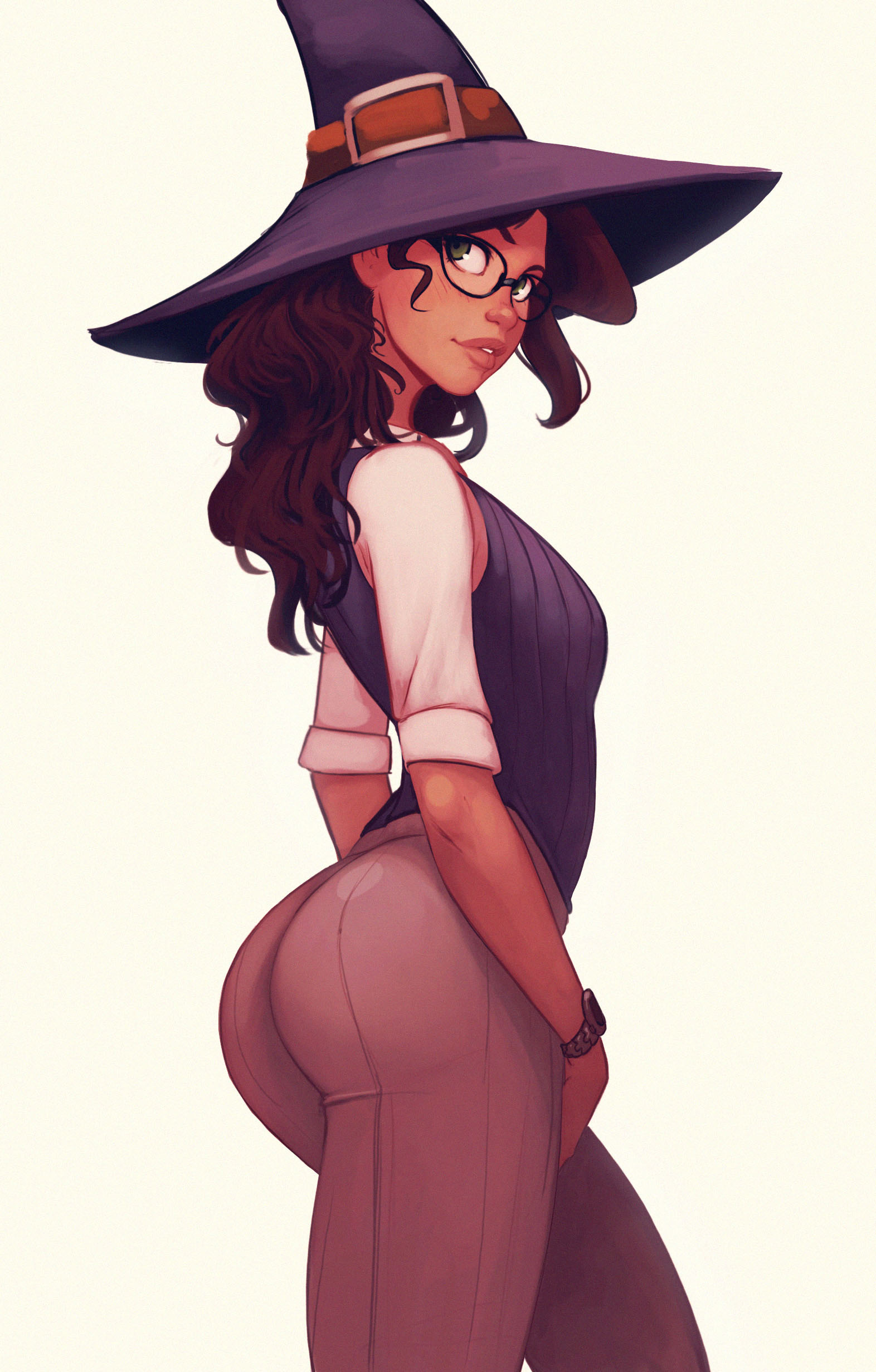 ass, breasts, cute, dark skin, dark-skinned female, female, medium breasts, witch hat