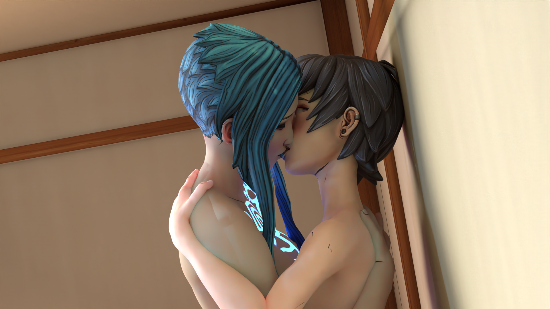 2girls, 3d, ava (borderlands), black hair, blue hair, blue lipstick, blush, body markings, borderlands, borderlands 3, breasts, closed eyes, earrings, embrace, female, female only, glowing markings, glowing tattoo, kissing, lipstick, maya (borderlands), short hair, siren (borderlands), siren markings, tattoo, yuri, zynotheum
