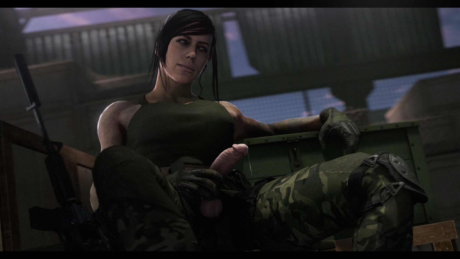 1futa, 3d, aroused, assault rifle, balls, black bars, black hair, breasts, call of duty, call of duty modern warfare (2019), camo, camo pants, camouflage, camouflage pants, clothing, cum, curvy, erection, exposed penis, female, firearm, futa only, futa sans pussy, futanari, gloves, greatb8, greatm8, green gloves, green tank top, gun, hand on penis, handwear, highres, horny, indoors, intersex, intersex only, large breasts, latina, light skin, light-skinned futa, lips, looking away, looking to the side, mara (cod), medium hair, military, military uniform, muscular, muscular female, muscular futa, partially clothed, penis, penis grab, penis out, precum, precum drip, precum string, ranged weapon, realistic, rifle, sfm, shiny hair, sitting, smile, smiling, solo, solo futa, source filmmaker, suppressor, taker pov, tank top, testicles, video game, video games, weapon