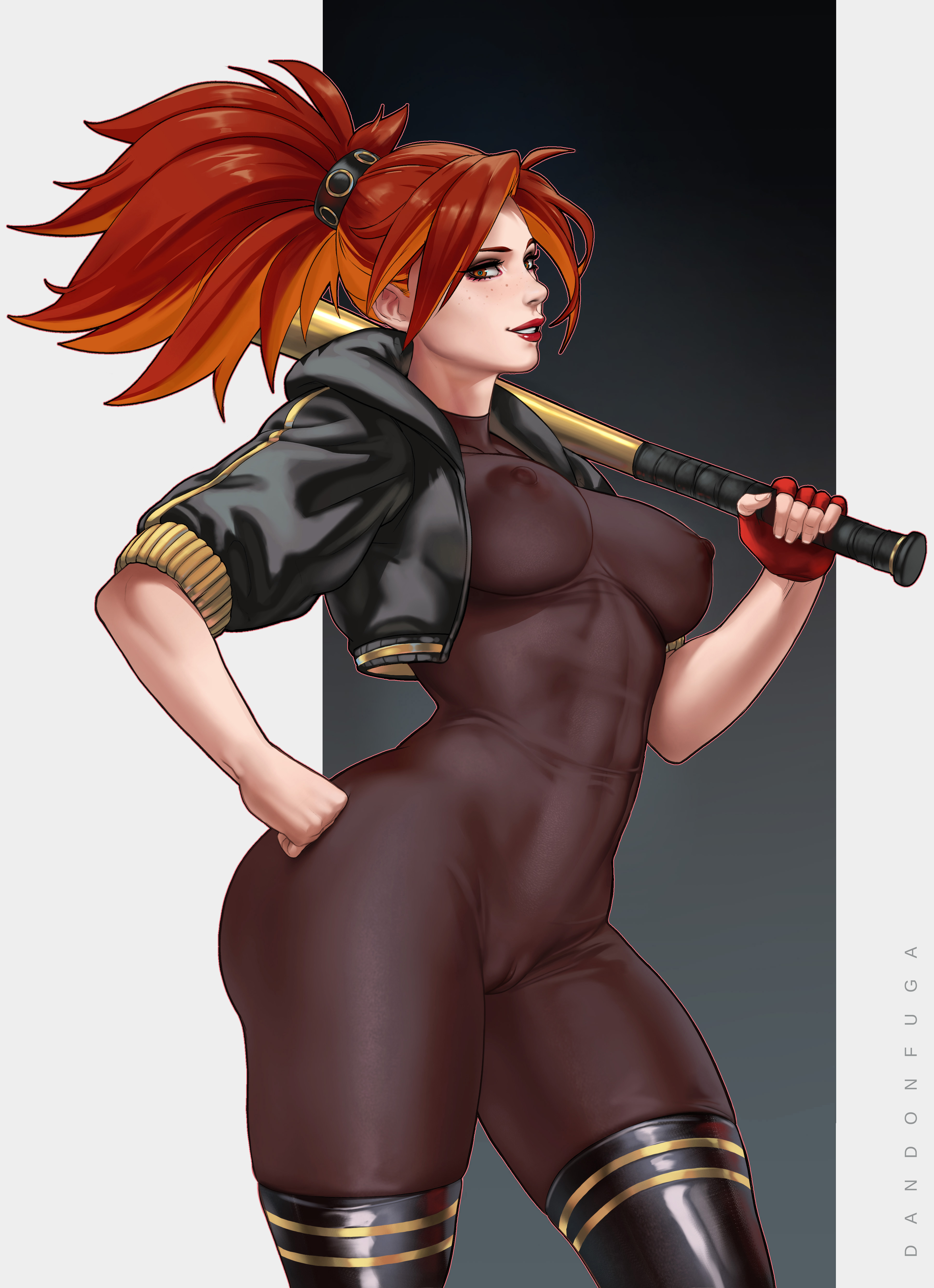 1girls, areolae, baseball bat, bodysuit, breasts, dandon fuga, female, fingerless gloves, freckles, gloves, jacket, lipstick, looking at viewer, miss minx (dandon fuga), nipples, one glove, original, original character, pussy, red hair, red lipstick, skindentation, solo, thighhighs, tied hair, transparent clothing, two-tone hair