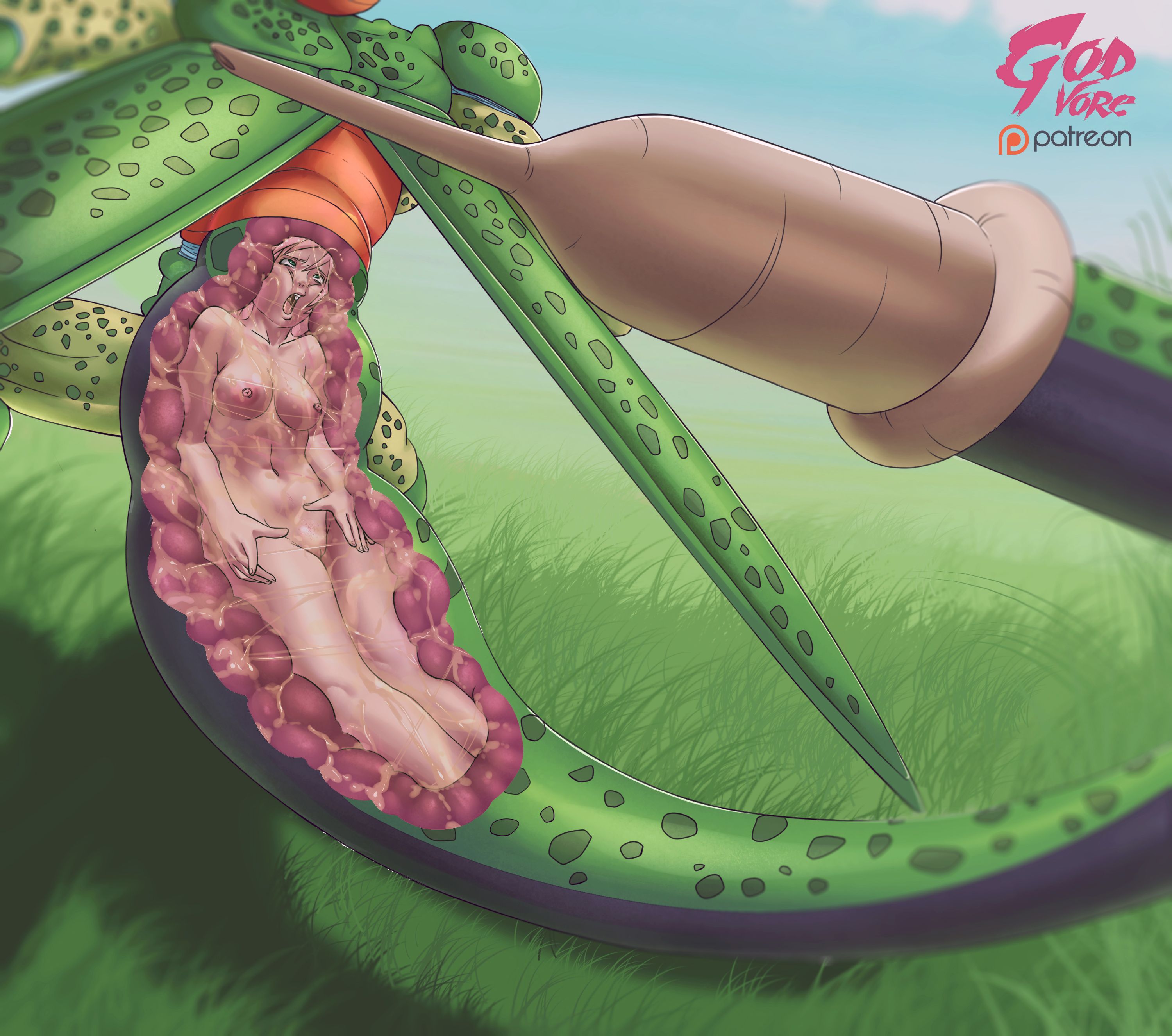 absorption, absorption vore, breasts, cell (dragon ball), crossover, dragon ball, dragon ball z, female, godvore, imperfect cell, monster, naruto, naruto (series), naruto shippuden, nude, nude female, sakura haruno, scared, slime, squished breasts, vore, x-ray