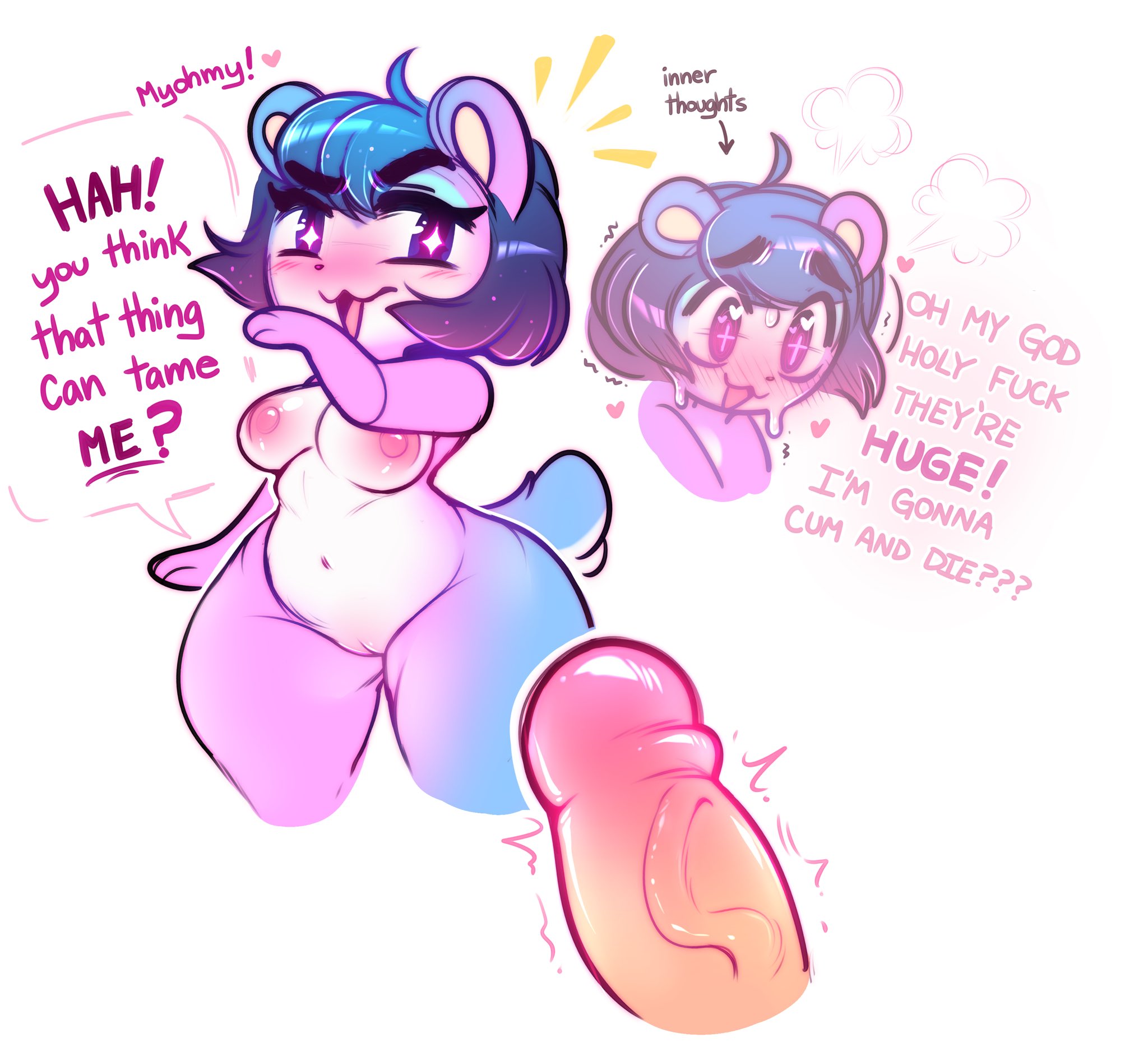 animal crossing, bear, bear ears, blush, breasts, english text, erection, female, furry, heart, hi res, huge cock, judy (animal crossing), male, naked, nintendo, nipples, penis, penis awe, penis size talk, purple fur, pussy, raikissu, size talk, sparkling eyes, star eyes, sweat, text, uncensored, veiny penis