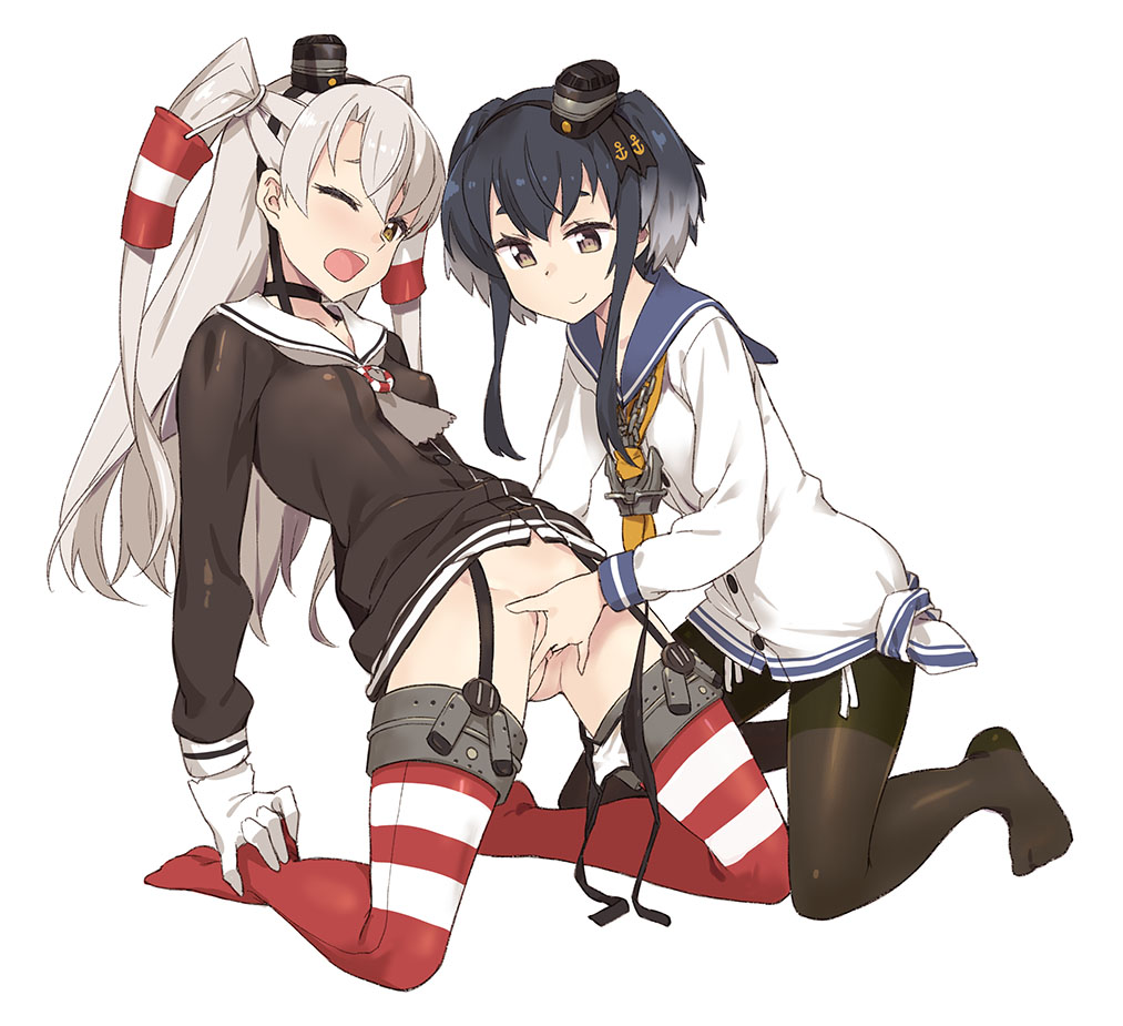 2girls amatsukaze_(kantai_collection) black_hair black_legwear black_panties blush brown_dress dress fingering garter_straps gloves gradient_hair hair_tubes hairband hat headgear kantai_collection long_hair mini_hat multicolored_hair multiple_girls open_mouth panties pantyhose sailor_collar sailor_dress school_uniform short_dress short_hair short_hair_with_long_locks sidelocks simple_background smile striped striped_legwear takemura_sesshuu thighhighs tokitsukaze_(kantai_collection) two_side_up underwear white_background windsock yuri