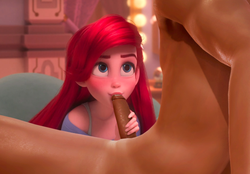1girls, ariel, artist request, blowjob, blue eyes, clothing, crossover, cute, dark skin, dark-skinned male, disney, disney princess, eye contact, eyelashes, fellatio, female, kissing, kissing penis, male, oral, penis, ralph breaks the internet, red hair, red lipstick, the little mermaid, wreck-it ralph