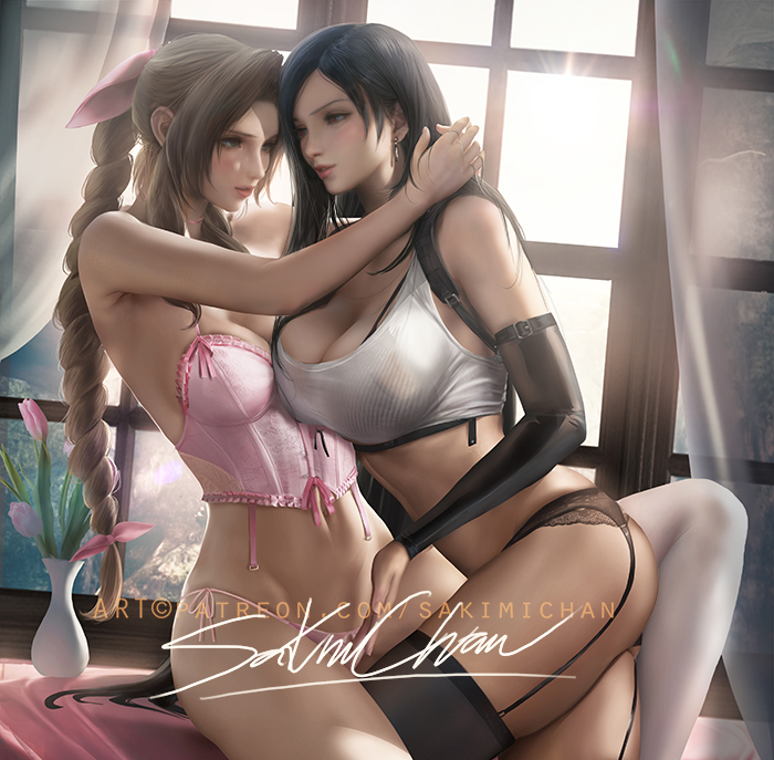 2girls aerith_gainsborough big_breasts black_hair blush blushing brown_hair bustier eye_contact female_only final_fantasy final_fantasy_vii final_fantasy_vii_remake green_eyes hourglass_figure lesbian masturbating masturbation medium medium_breasts multiple_girls panties rubbing sakimichan small_panties square_enix tifa_lockhart underwear yuri