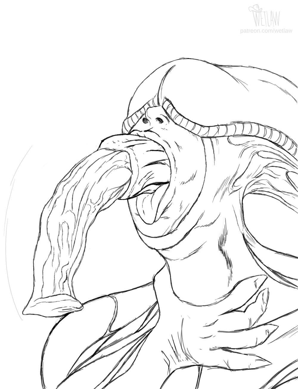 alien alien_(franchise) anthro big_penis biomechanical biosuit choking deepthroat dickgirl erection fellatio female full_body_suit futa_only futanari glans helmet horse_penis horsecock intersex licking long_penis penis sketch sucking tongue tongue_out urethra wetlaw white_skin xenomorph