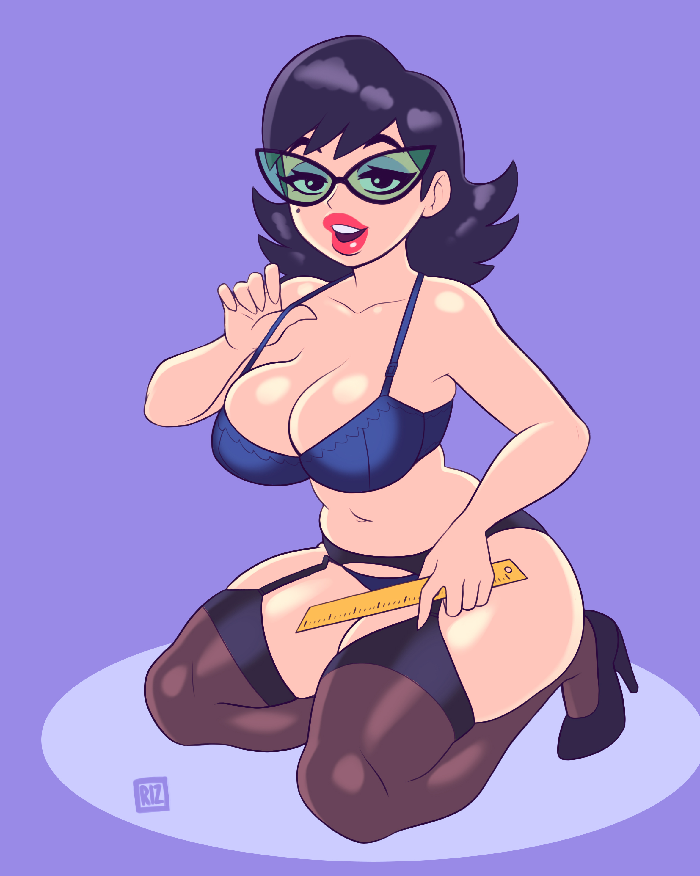 1girls, 2020, beauty mark, big breasts, black hair, bra, breasts, cartoon network, cleavage, eleanor butterbean, eyeshadow, female, female focus, female only, garter belt, garter straps, glasses, green-tinted eyewear, heels, high heels, kneeling, large breasts, lipstick, mature female, open mouth, rizdraws, ruler, smile, solo, solo female, solo focus, sunglasses, teacher, the grim adventures of billy and mandy, thick thighs, thighs, tinted eyewear, underwear