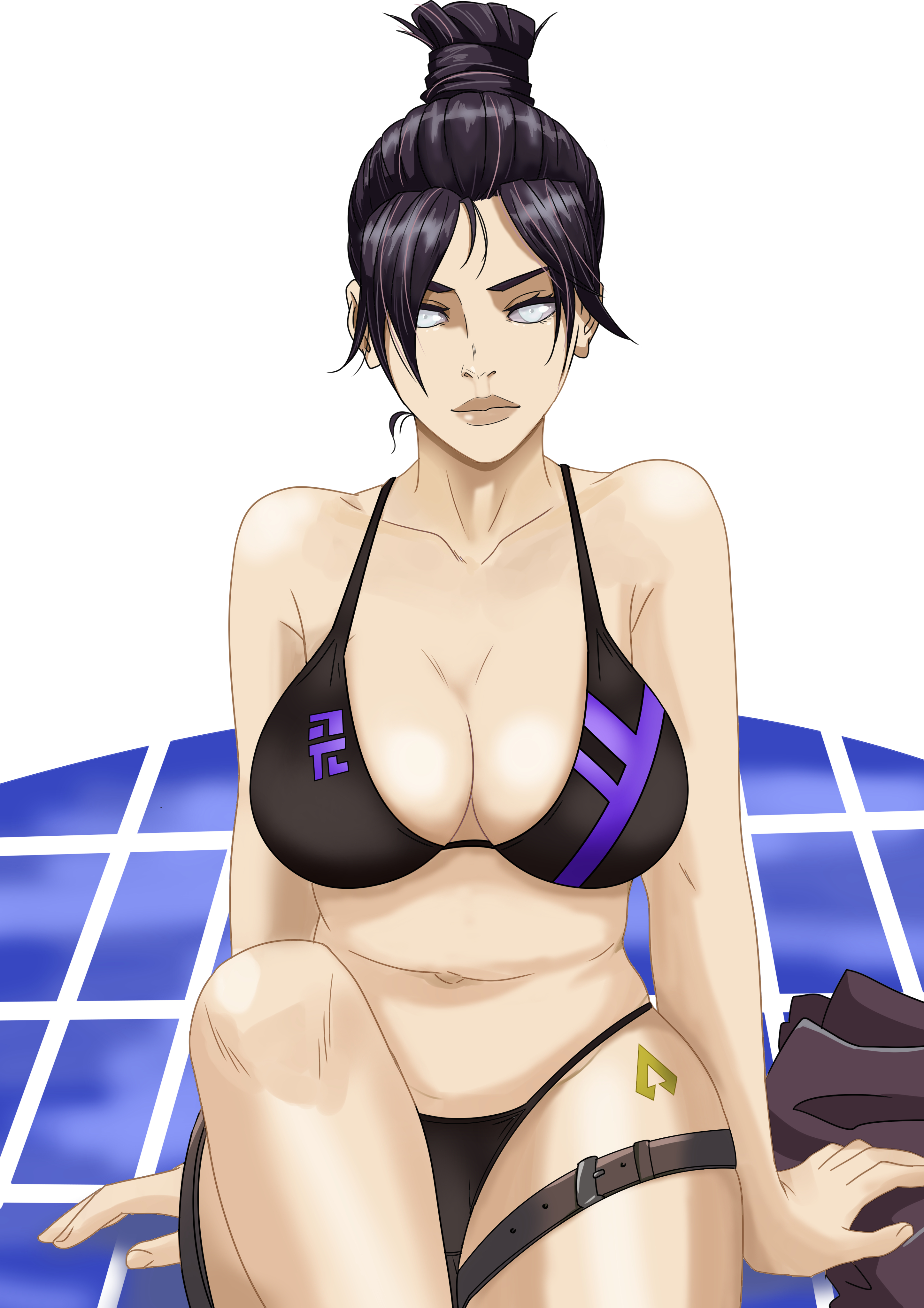 2d, apex legends, bikini, black bikini, breasts, cleavage, elninjarubio, female, goth, green eyes, hi res, pale skin, wraith (apex legends)