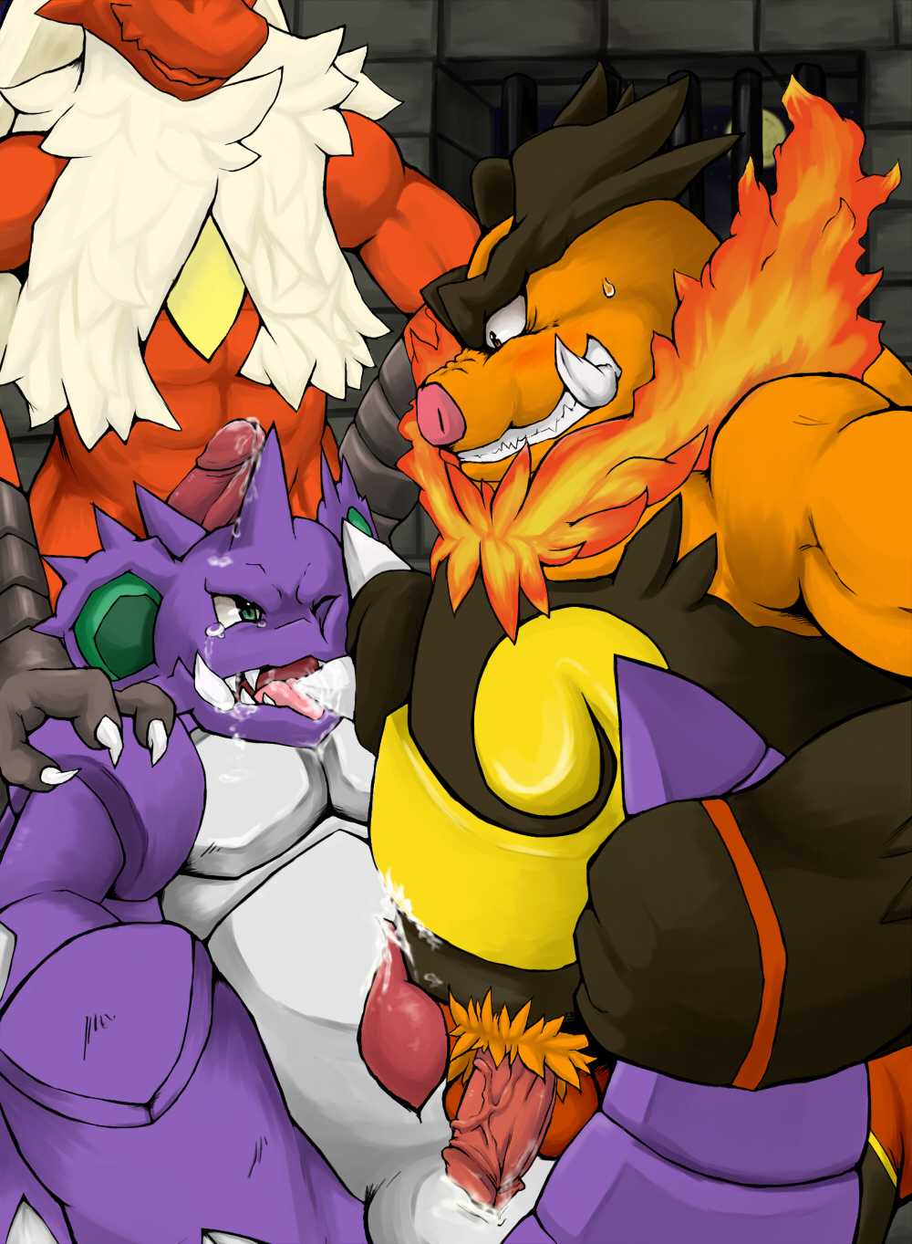 2011 3boys abs anthro anthrofied avian bara barazoku belly blaziken blush boar bodily_fluids chubby emboar erection furry gay group half-closed_eyes hi_res interspecies kemono male male_only muscular nidoking nintendo orange_body overweight overweight_male penis pokemon pokemon_(species) pokemon_bw pokemon_rgby pokemon_rse porcine pubic_hair purple_body red_body scalie sex sweat tears testicles tor@ video_games wince yaoi