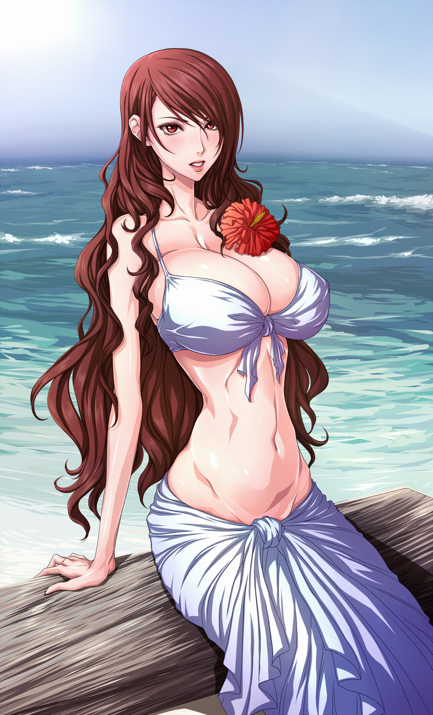 absurdres, beach, bench, bikini, bikini top, blush, breasts, cleavage, day, female, flower, golcondark, highres, huge breasts, long hair, looking at viewer, midriff, mitsuru kirijo, mitsuru kirijo (swimsuit), navel, ocean, persona, persona 3, persona 4 arena, persona 4: the ultimax ultra suplex hold, red eyes, red hair, sarong, sitting, solo, swimsuit