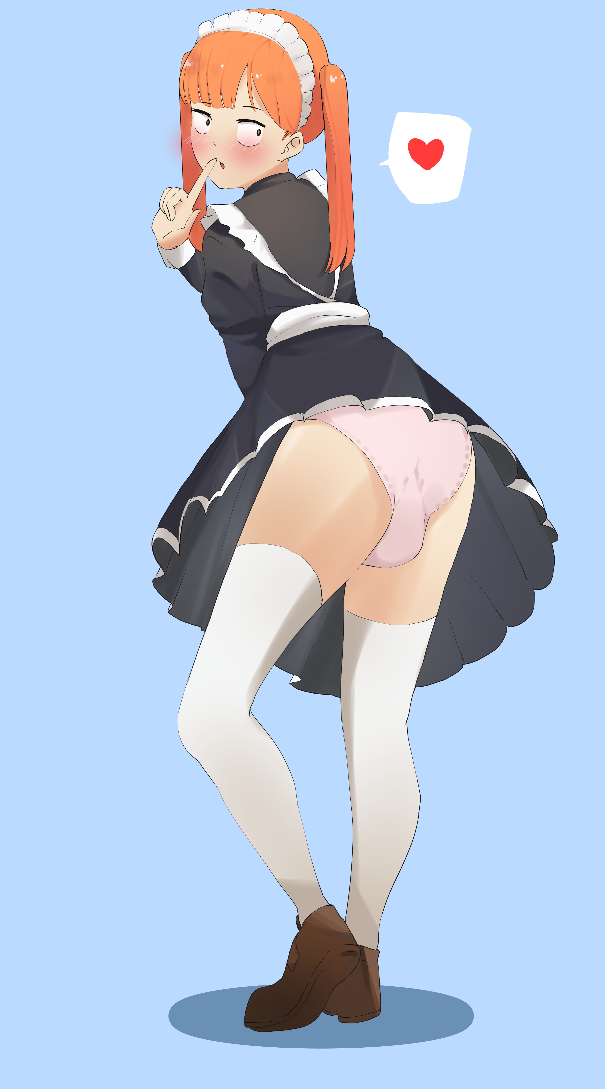 1boy, androgynous, ass, balls, balls bulge, blush, bulge, crossdressing, femboy, feminine male, finger in mouth, girly, heart, komi-san wa komyushou desu, looking back, maid, maid headdress, maid uniform, male, orange hair, otokonoko, panties, panty bulge, pink panties, shoes, solo, tadano hitohito, thighhighs, tied hair, trap, trapdano, twintails
