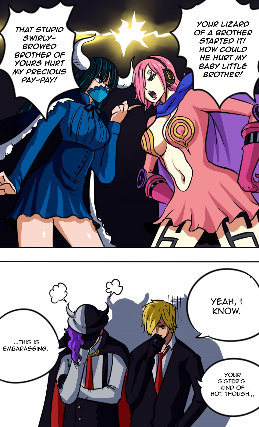 2girls big_ass big_breasts brother_and_sister facemask female hair_over_one_eye headphones horns male older_sister one_piece page_one pink_hair prince princess raid_suit sanji sfh shounen_jump ssfh thick_thighs thighhighs thighs tinafate1 ulti_(one_piece) vinsmoke_reiju vinsmoke_sanji wholesome younger_brother