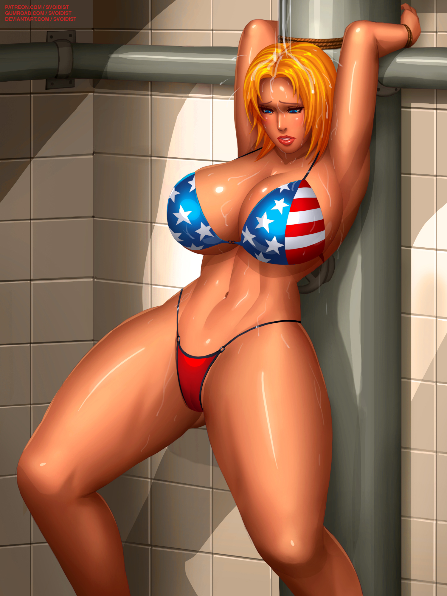 1girls, abs, american flag, american flag bikini, arms up, big breasts, bikini, bondage, breasts, cameltoe, cleavage, dead or alive, female, female only, huge breasts, pussy, restrained, solo, svoidist, thong, thong bikini, tina armstrong