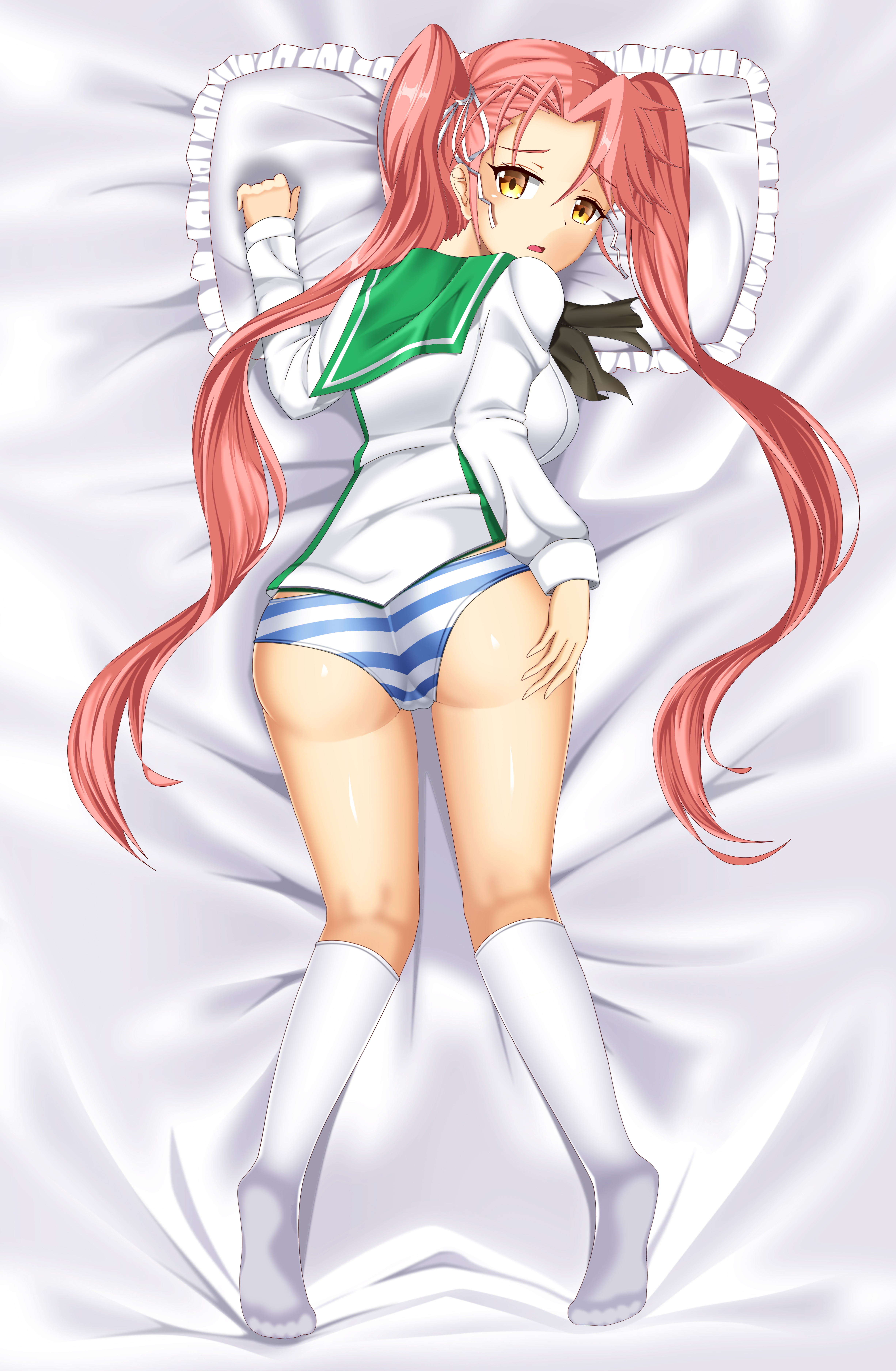 1girls, ass, blush, breasts, dakimakura, embarrassed, female, hair ribbon, highschool of the dead, long hair, looking at viewer, looking back, on bed, panties, pillow, ribbon, saya takagi, school uniform, shimapan, skirt removed, socks, striped panties, tied hair, underwear, yellow eyes