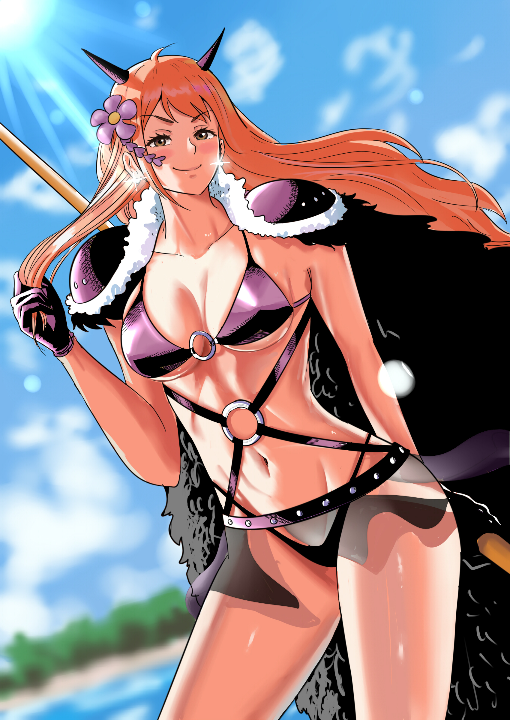1girls, ass, beast pirates, beast pirates (cosplay), big ass, big breasts, big butt, big thighs, breasts, female, female only, flower in hair, horns, long hair, looking at viewer, nami (one piece), navel, one piece, orange hair, orange-haired female, post-timeskip, shoulder pads, shounen jump, thick thighs, tinafate1