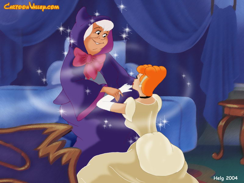 2004 2girls age_difference bed blonde_hair cartoonvalley.com cinderella_(1950_film) cinderella_(disney) disney disney_princess dress fairy_godmother_(disney) female female_only gloves grey_hair helg older_female princess_dress ribbon white_hair wish younger_female yuri