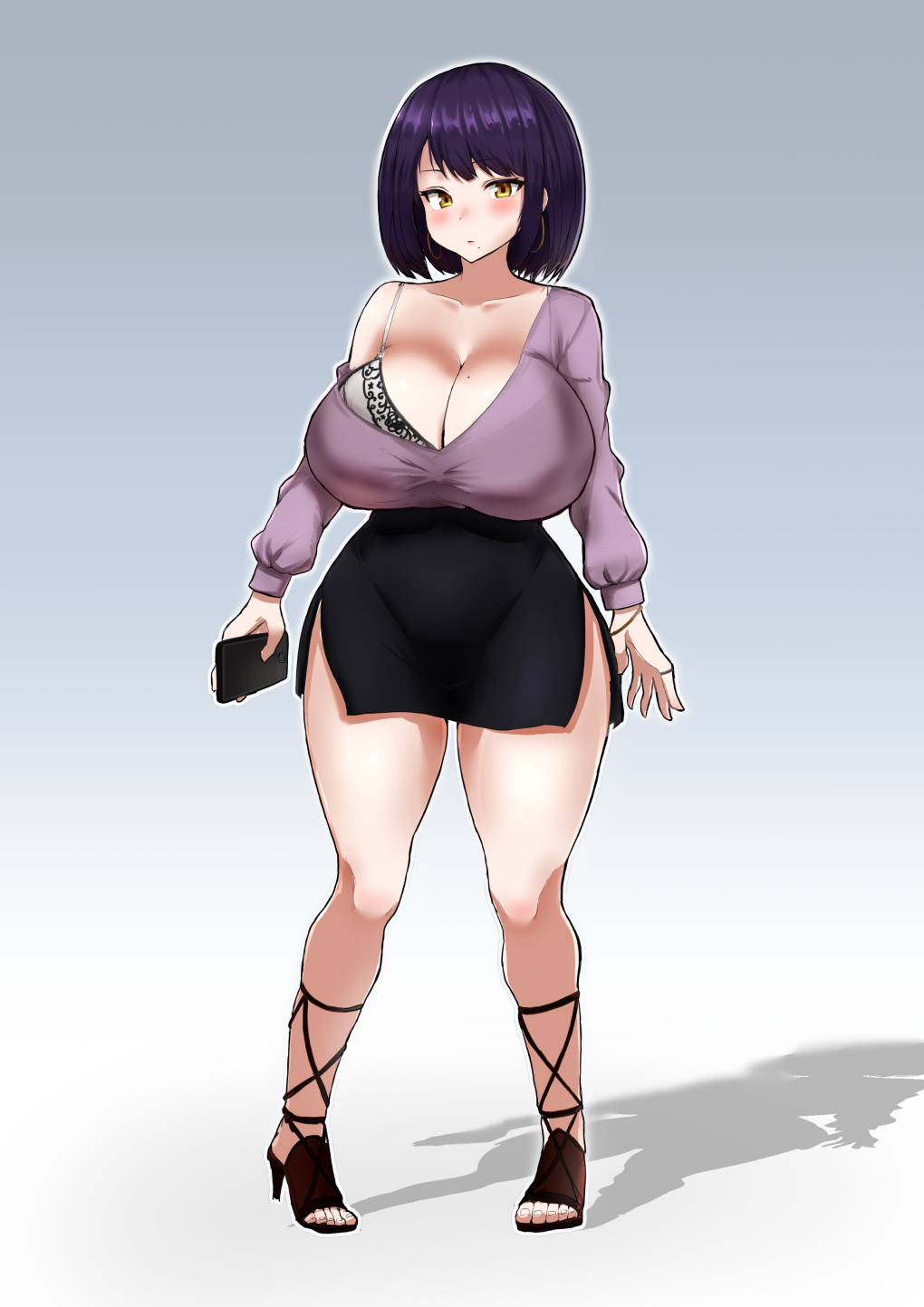 blush, bra, breasts, cleavage, curvy, female, huge breasts, looking at viewer, miniskirt, original, original character, purple hair, short hair, thick thighs, yellow eyes