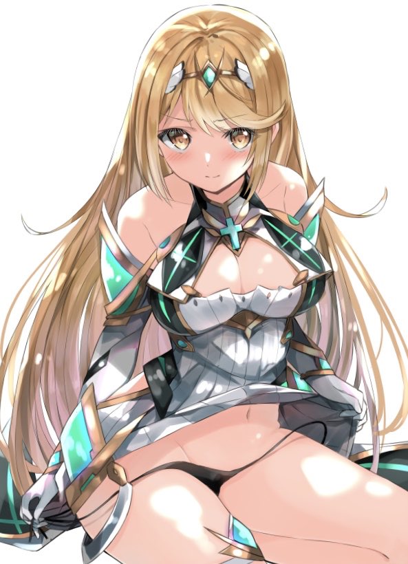 1girls bare_shoulders black_panties blonde_hair blush breasts chest_jewel cleavage cleavage_cutout closed_mouth commentary_request dress elbow_gloves emerald_(gemstone) eyebrows_visible_through_hair female female_focus female_only gem gloves hair_ornament headpiece hikari_(xenoblade_2) jewelry large_breasts long_hair looking_at_viewer matching_hair/eyes mythra navel nintendo panties seiza shoulder_armor shy simple_background sitting solo staring thigh_strap thighs tiara tomura2maru tsundere underwear very_long_hair white_background white_dress white_gloves wide_hips xenoblade_(series) xenoblade_chronicles_2 yellow_eyes