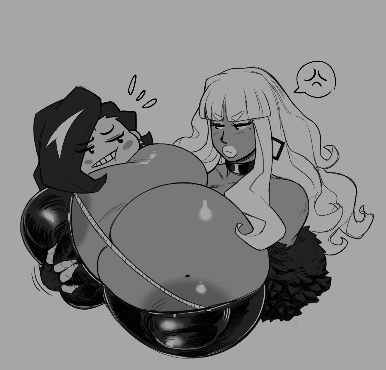 amber (carmessi), angry, big breasts, black skin, breast grab, breast squeeze, breasts, brown skin, carmessi, earrings, expressions, female, gala, huge breasts, hyper, hyper breasts, large breasts, milf, mother and daughter, necklace, white hair
