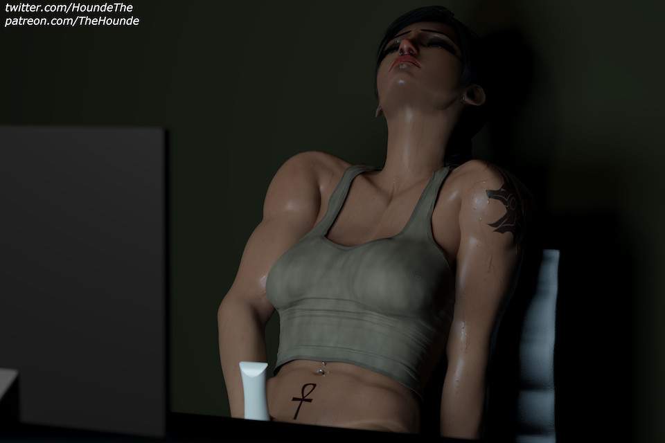 3d, clothed masturbation, clothing, computer, dark skin, dark-skinned female, female, female only, fit, fit female, masturbating under clothes, masturbation, muscular, muscular female, navel piercing, overwatch, pharah, solo, tagme, thehounde, vibrator, watching porn