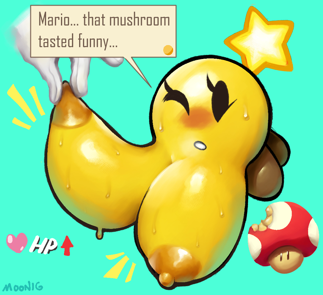 ball with boobs, ball with hyper features, breasts, female, lilmoonie, mario, mario (series), mario and luigi (series), mushroom, nipples, star, starlow, sweating, tagme, waddling head